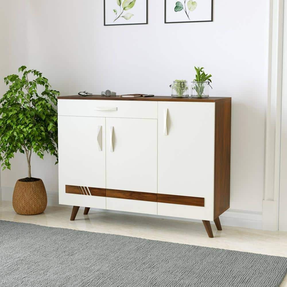 Kaspen Engineered Wood Wood Dual Tone 3 Doors Shoe Rack Cabinet Slipper Footwear Stand Organizer with Drawer can Store Up to 16 Pairs for Home (Brown Maple & Frosty)