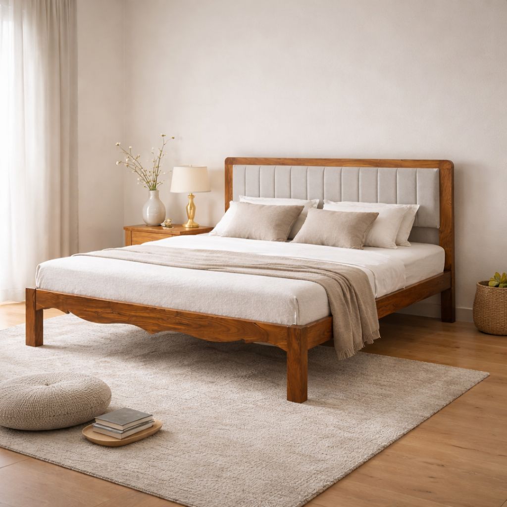 Linea Solid Wood Queen  Size Upholstered Bed Without Storage (Provincial Teak Finish, Grey Colour) - Globally Indian