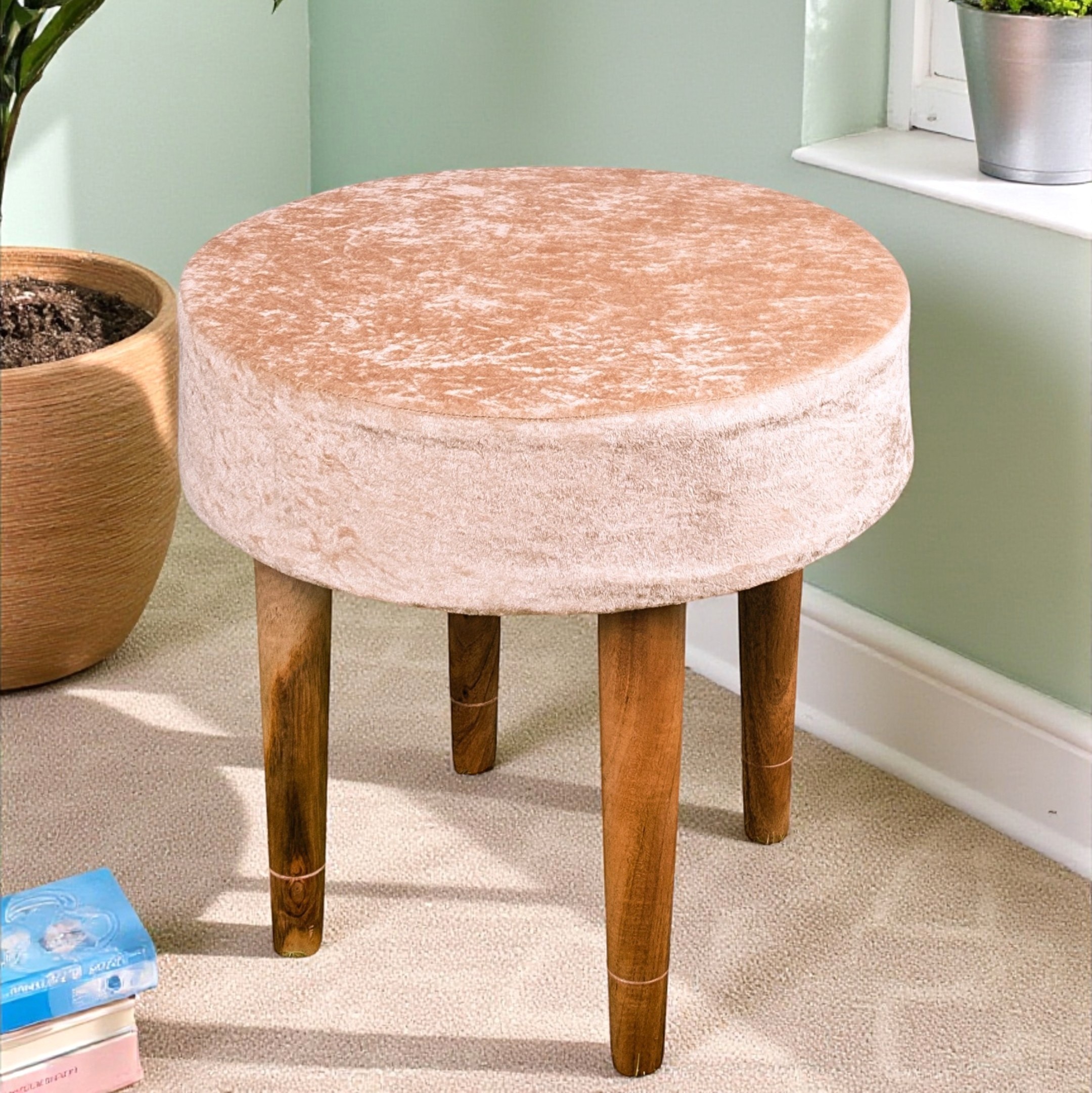 Nayla Solid Wood Stool in Ivory Sparkle Velvet Fabric