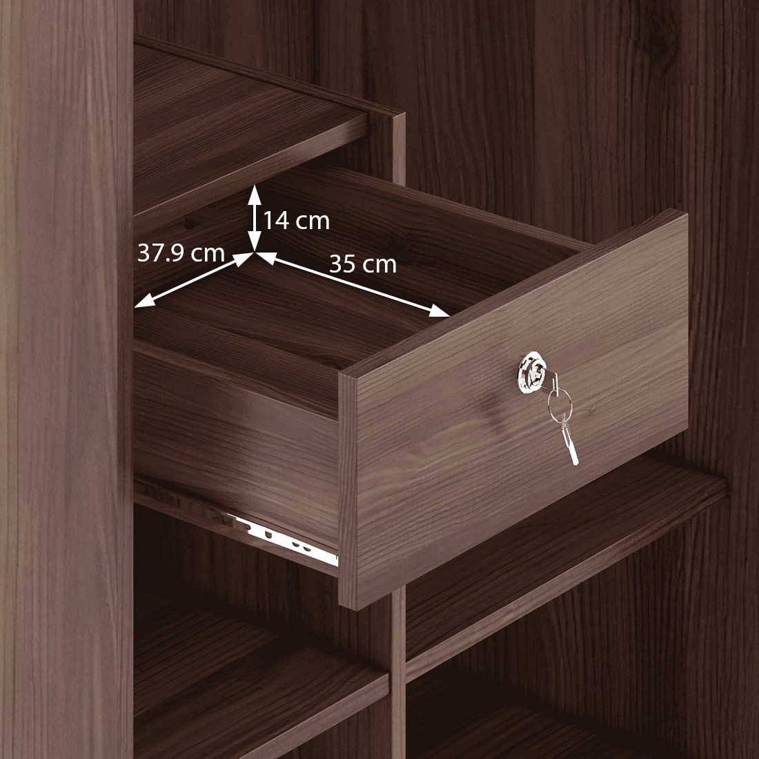 Hilton 2 Door Wardrobe With Mirror and Lock Without Drawer in Chestnut Acacia Finish