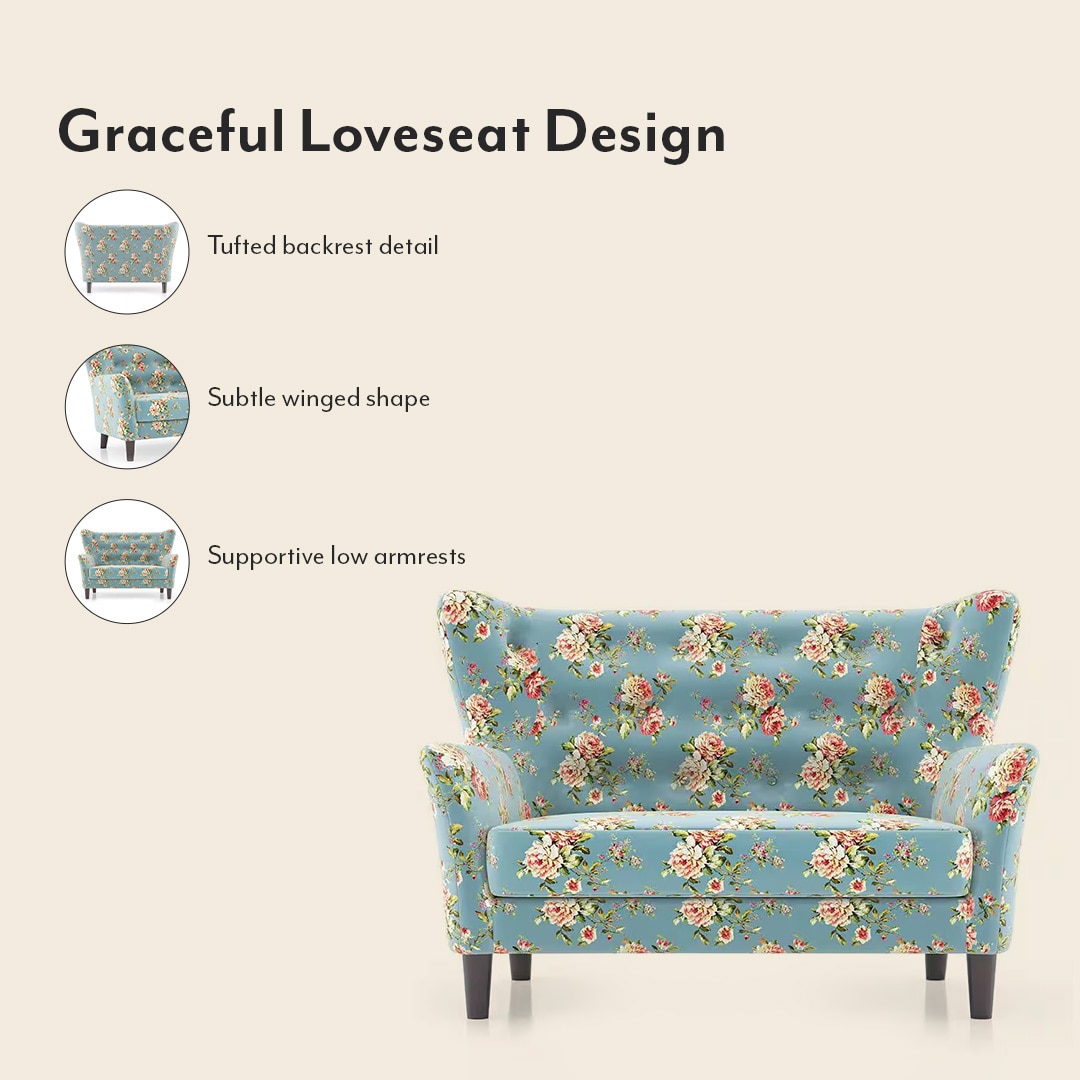Frida 2 Seater Fabric Loveseat In Dusty Teal Floral Colour