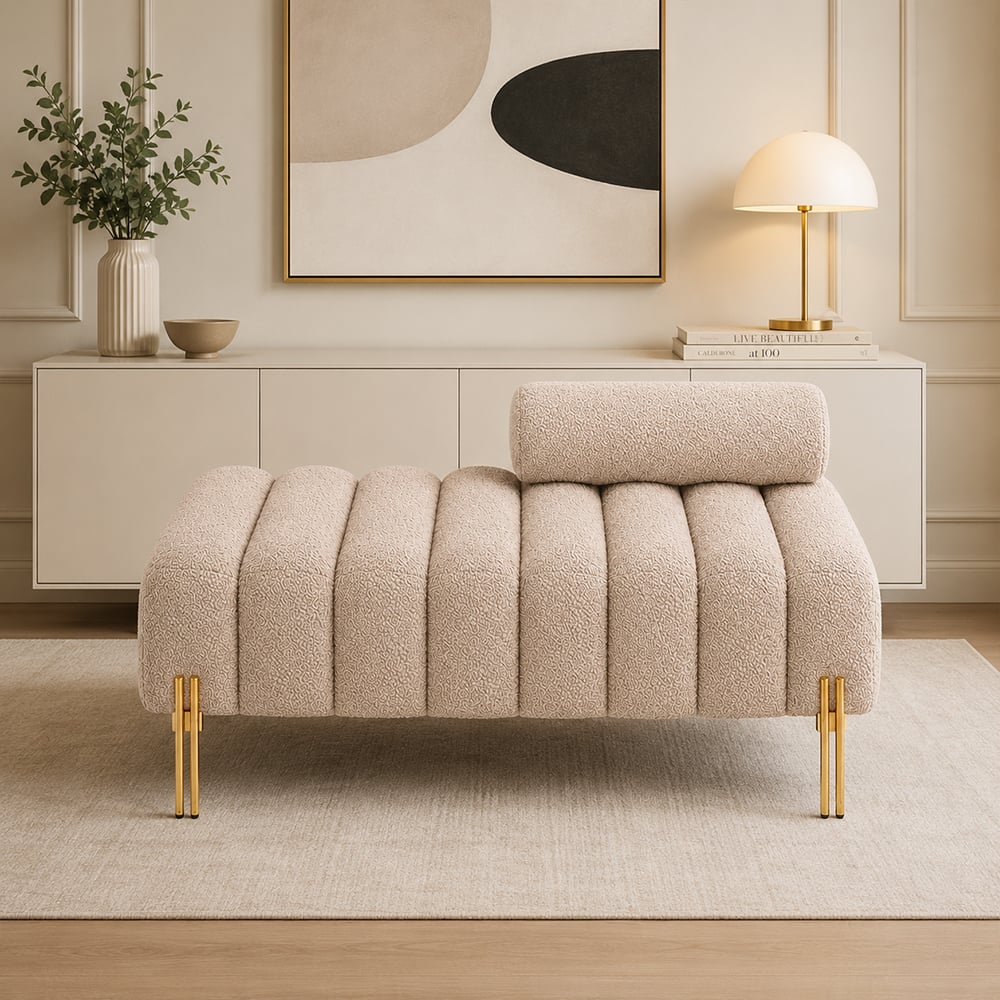Doe Buck Luxury Boucle Accent Lounge Chair in Beige Colour with Gold Metal Legs - Doe Buck