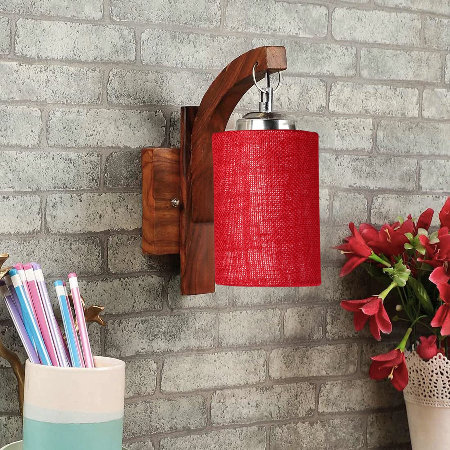 Devansh Solid Wood Electric Wall Light in Brown Colour with Maroon Shade Count of 1 Light