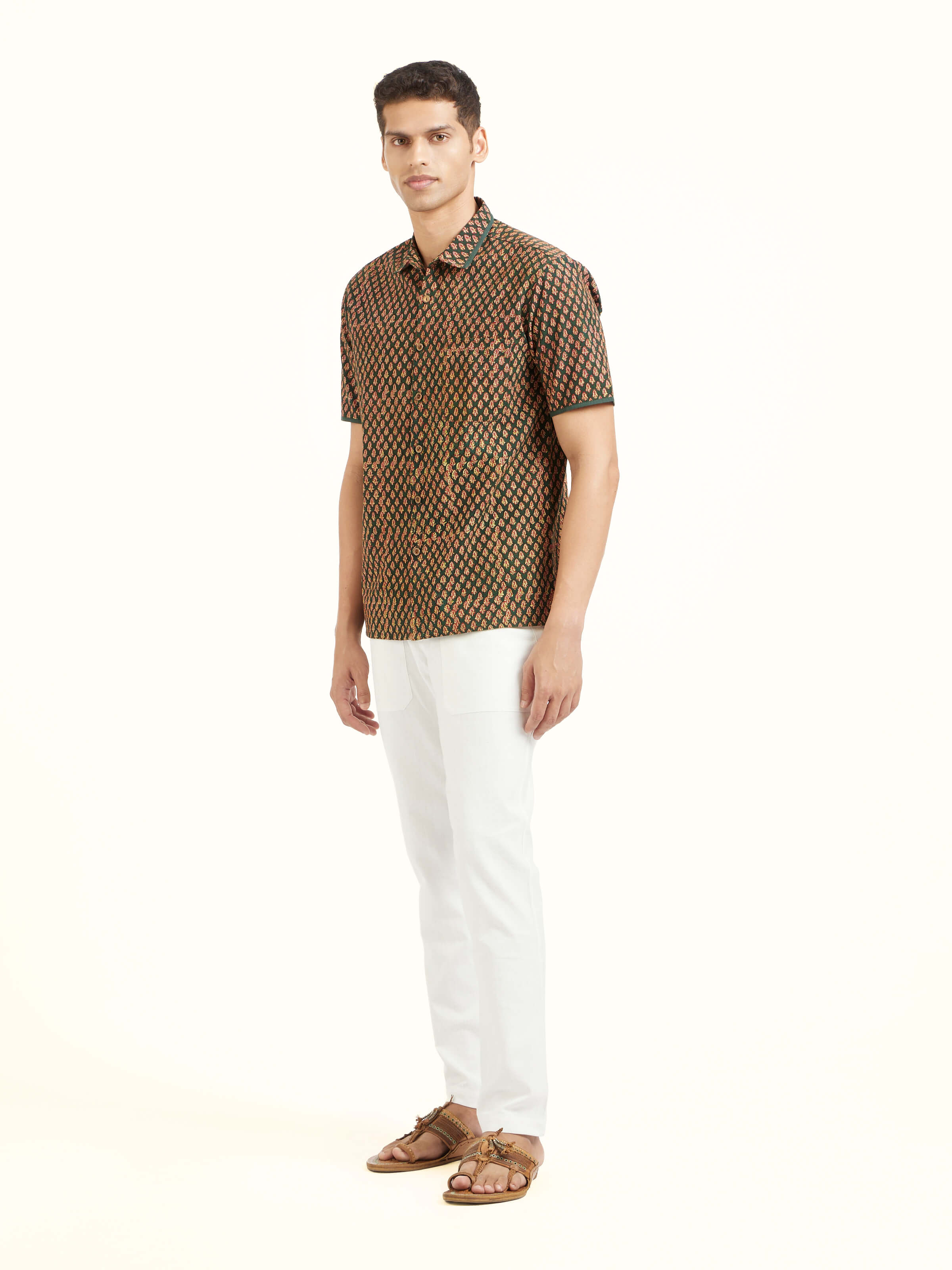 Side view of teal fadad hand block print pure cotton shirt highlighting relaxed fit