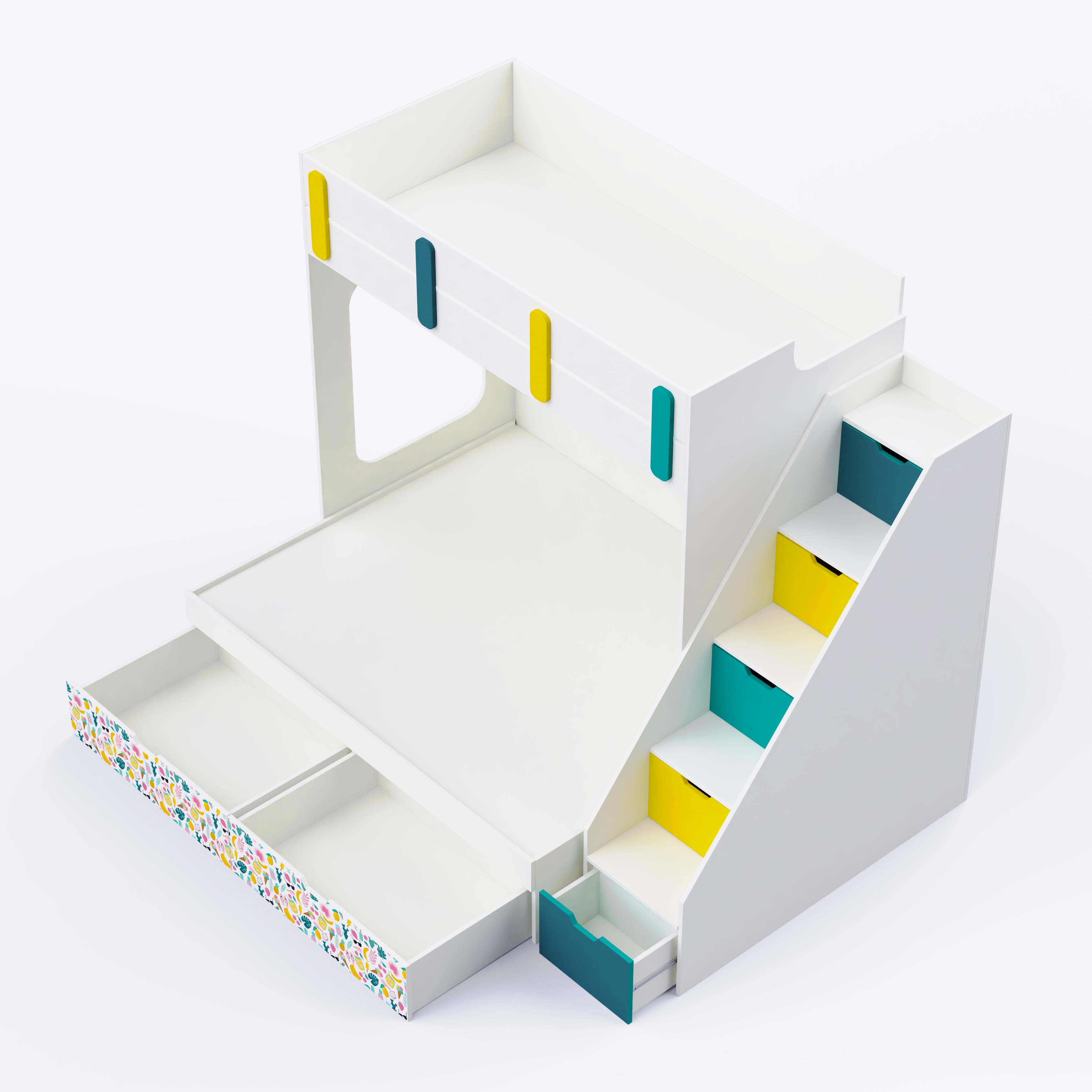 Pattern Dreams Bunk Bed  6X5 (Drawers On Wheels) In White & Teal Colour