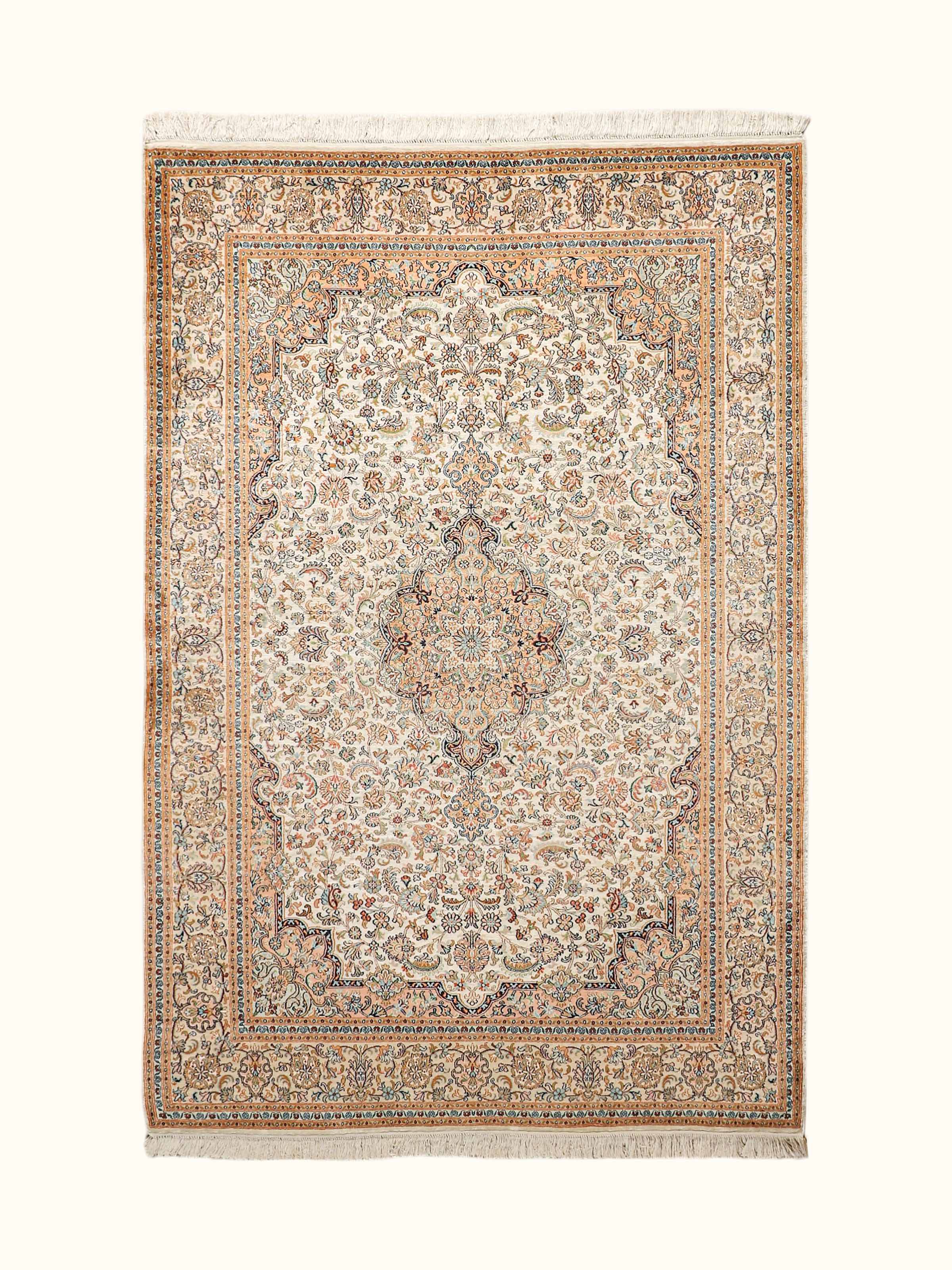 Traditional Persian Ivory Rust Kashan Kashmir Silk Hand-Knotted Carpet