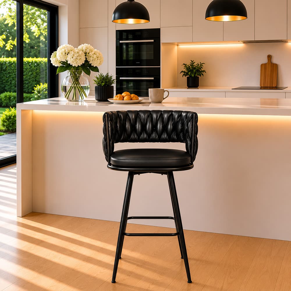 Doe Buck Presley Braided Faux Leather Bar Stool in Black Colour - Doe Buck
