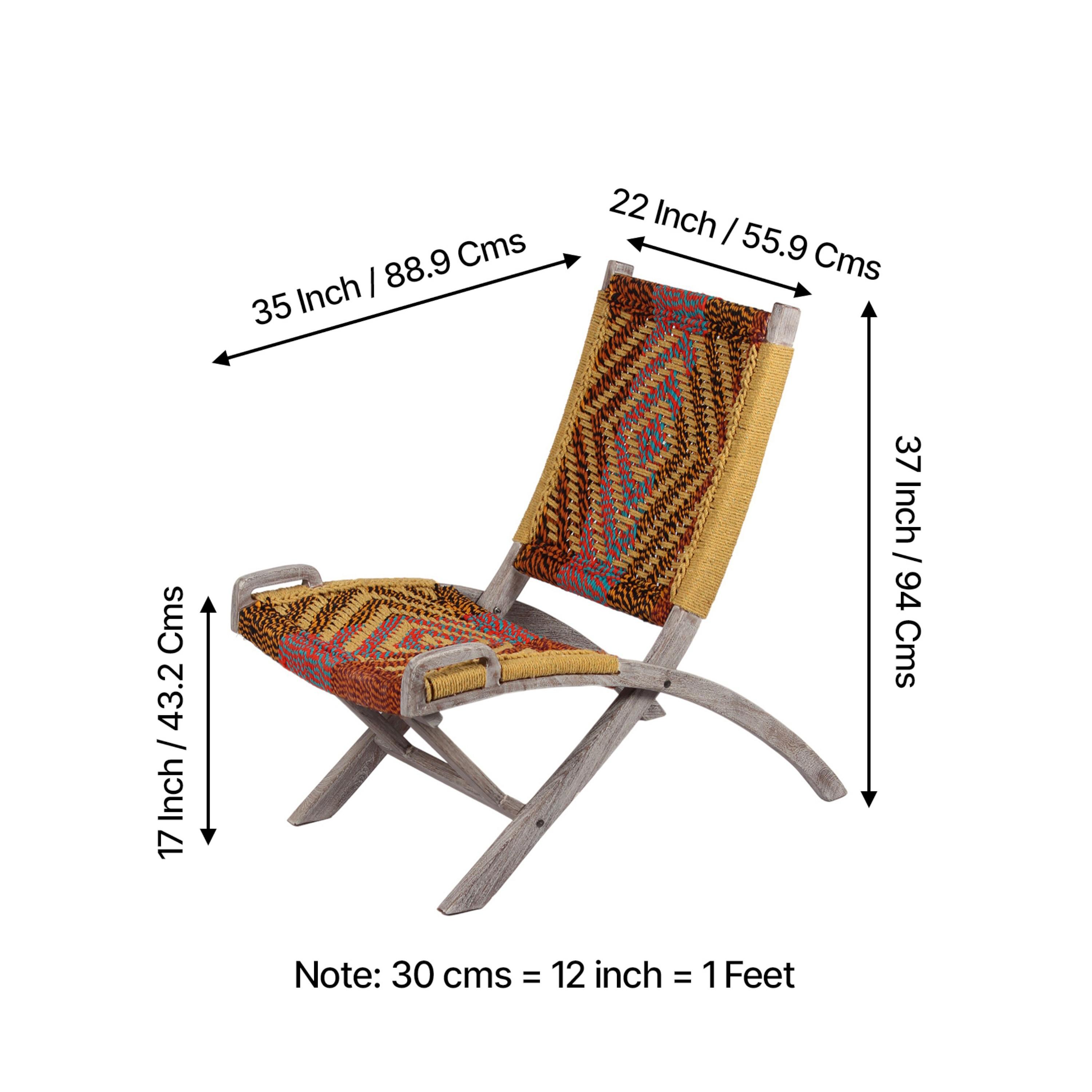 NatWest Sheesham Wood Relaxing Lounge Chair in Assorted Multi-Colour Chindi & Yellow Rope Canning