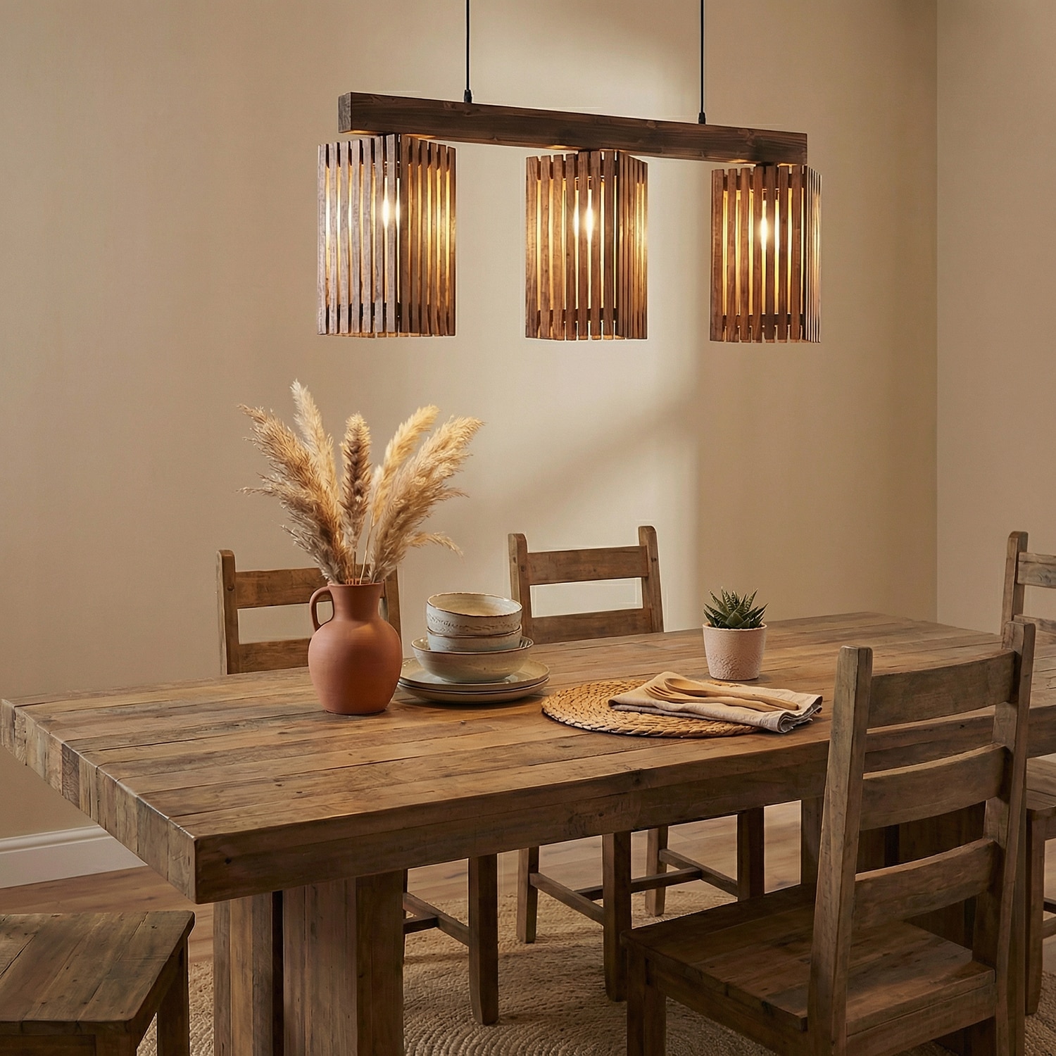 Trikona 3 Series Brown Solid Wood Cluster Hanging Light