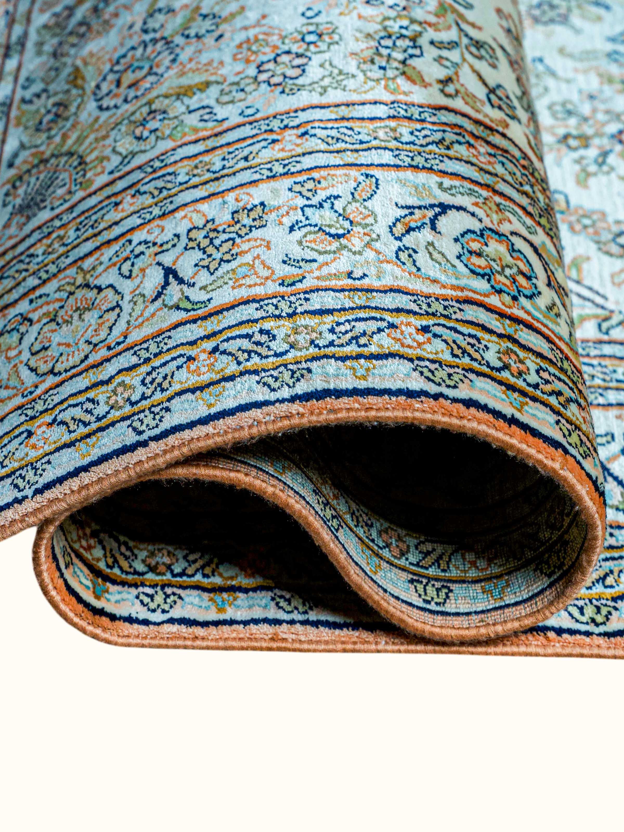 Traditional Persian Ivory Mahal Kashmir Silk Hand-Knotted Carpet