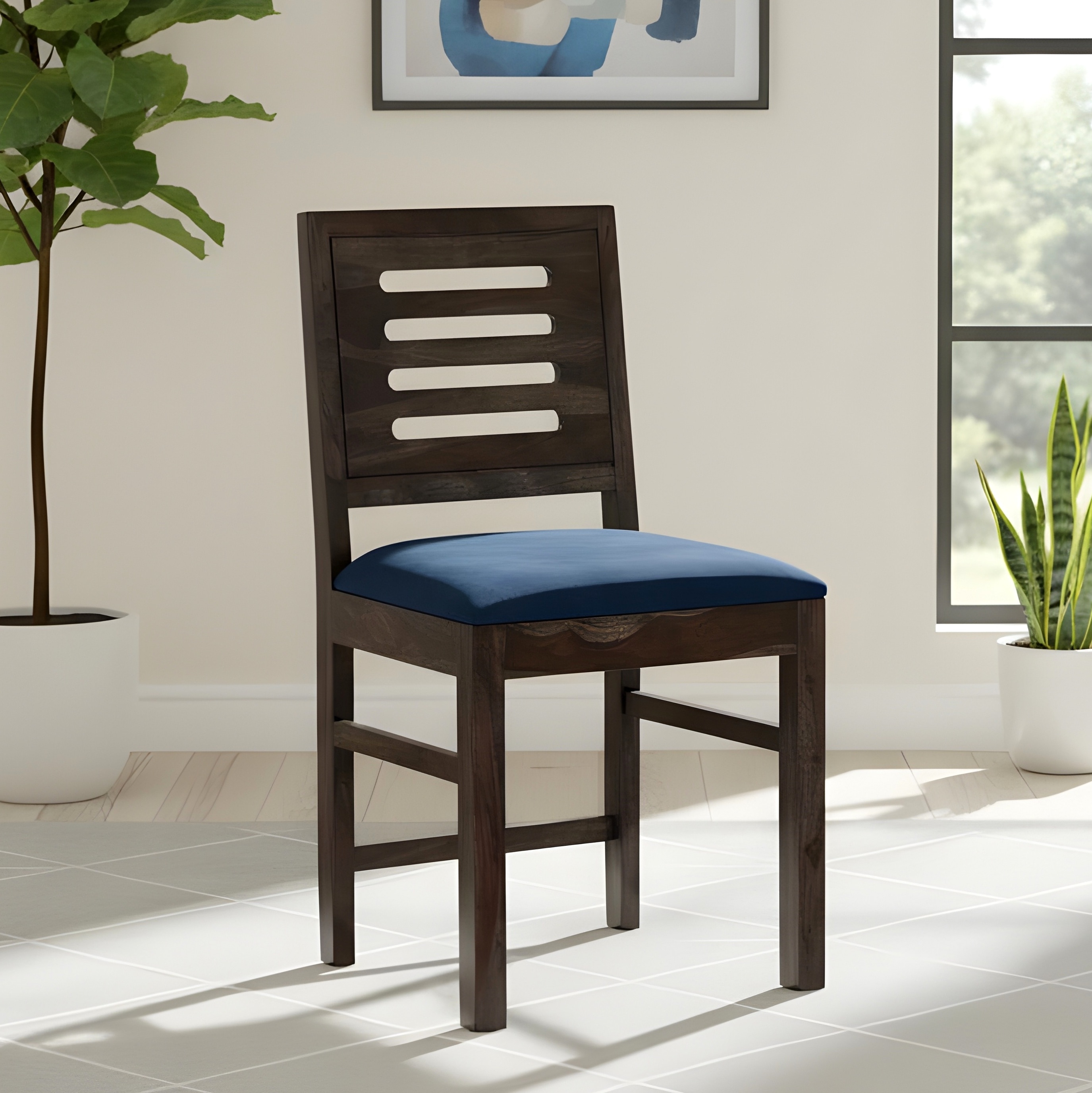 Rosslyn Sheesham Wood Dining Chair in Mahogany Finish & Navy Blue Velvet Cushion Seat