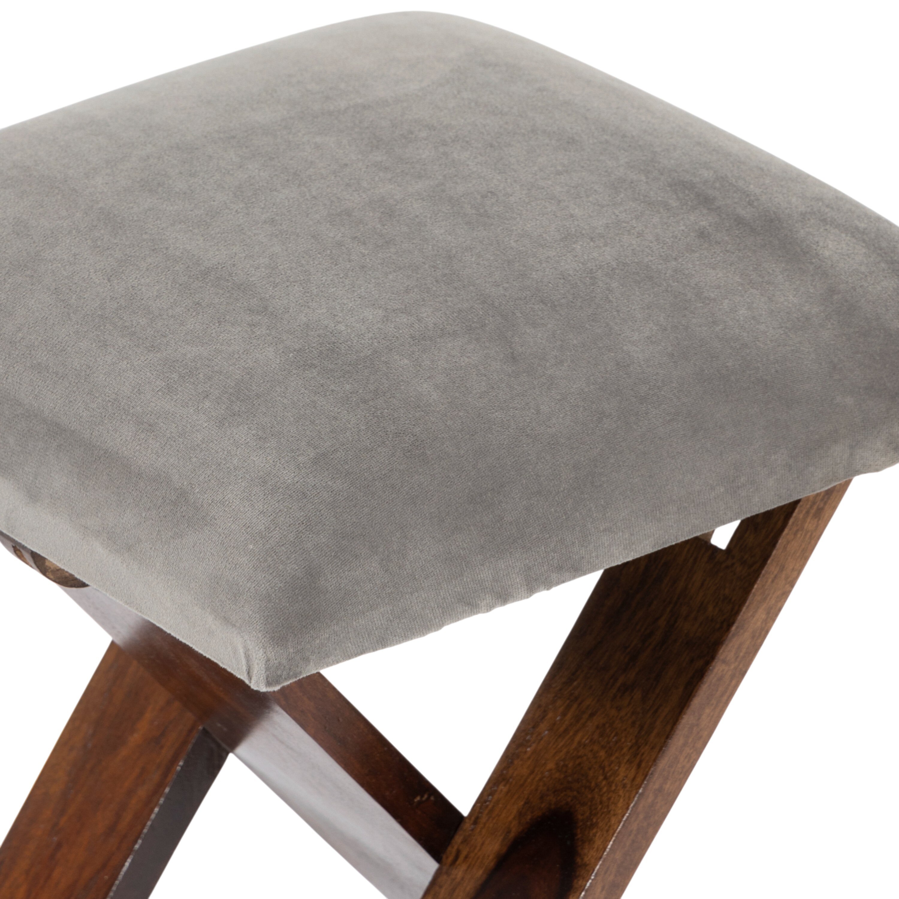 Dayton Sheesham Wood Accent Square   Stool in Grey Cotton Velvet Upholstery