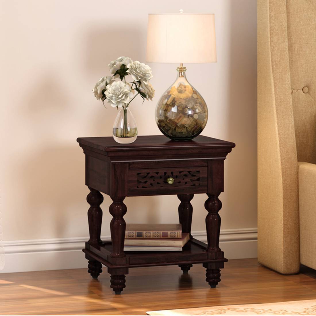Miraya Solid Wood Bedside Table in Mahogany Finish