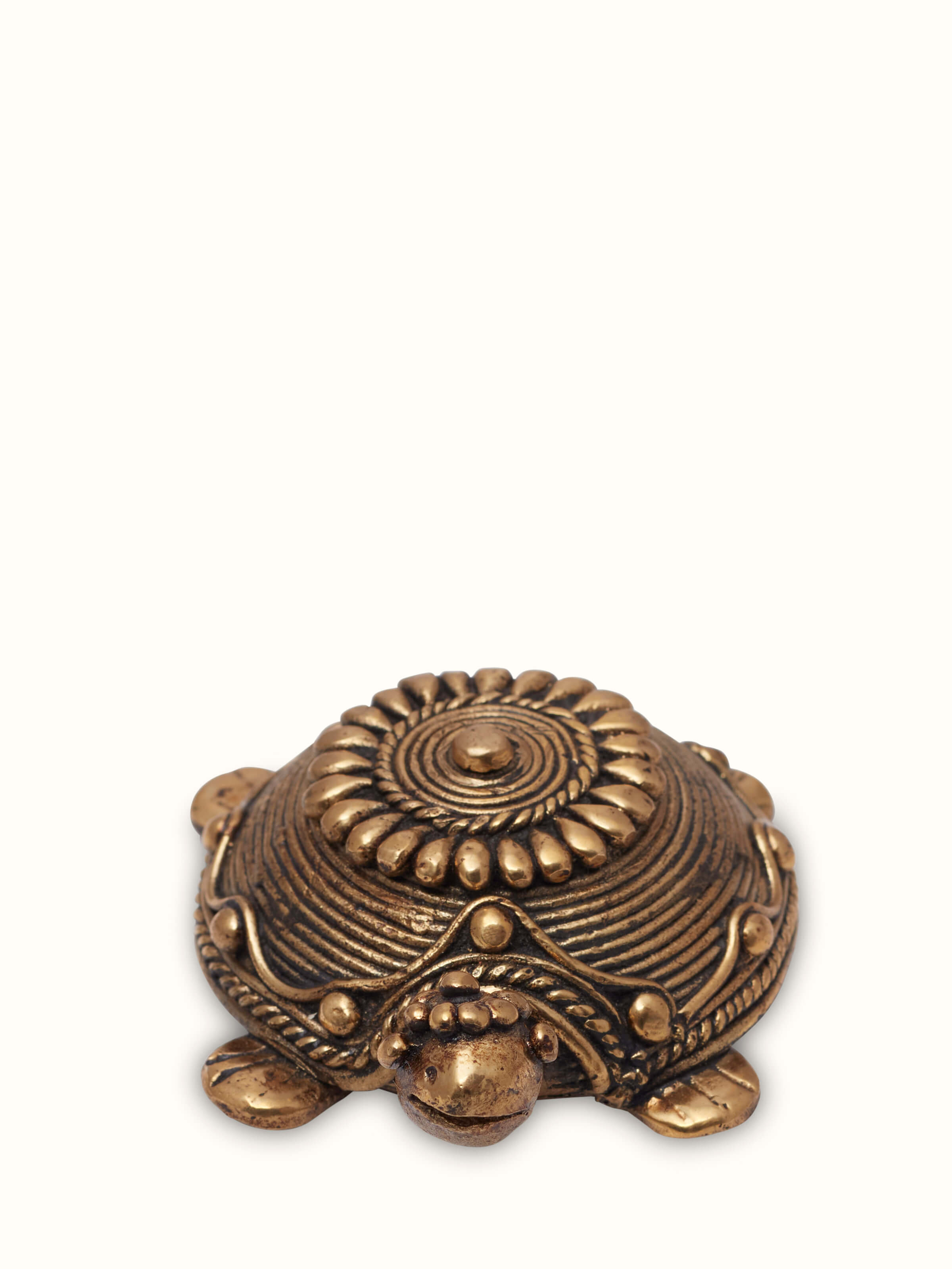 Top view of dhokra tortoise brass figurine showing shell detailing