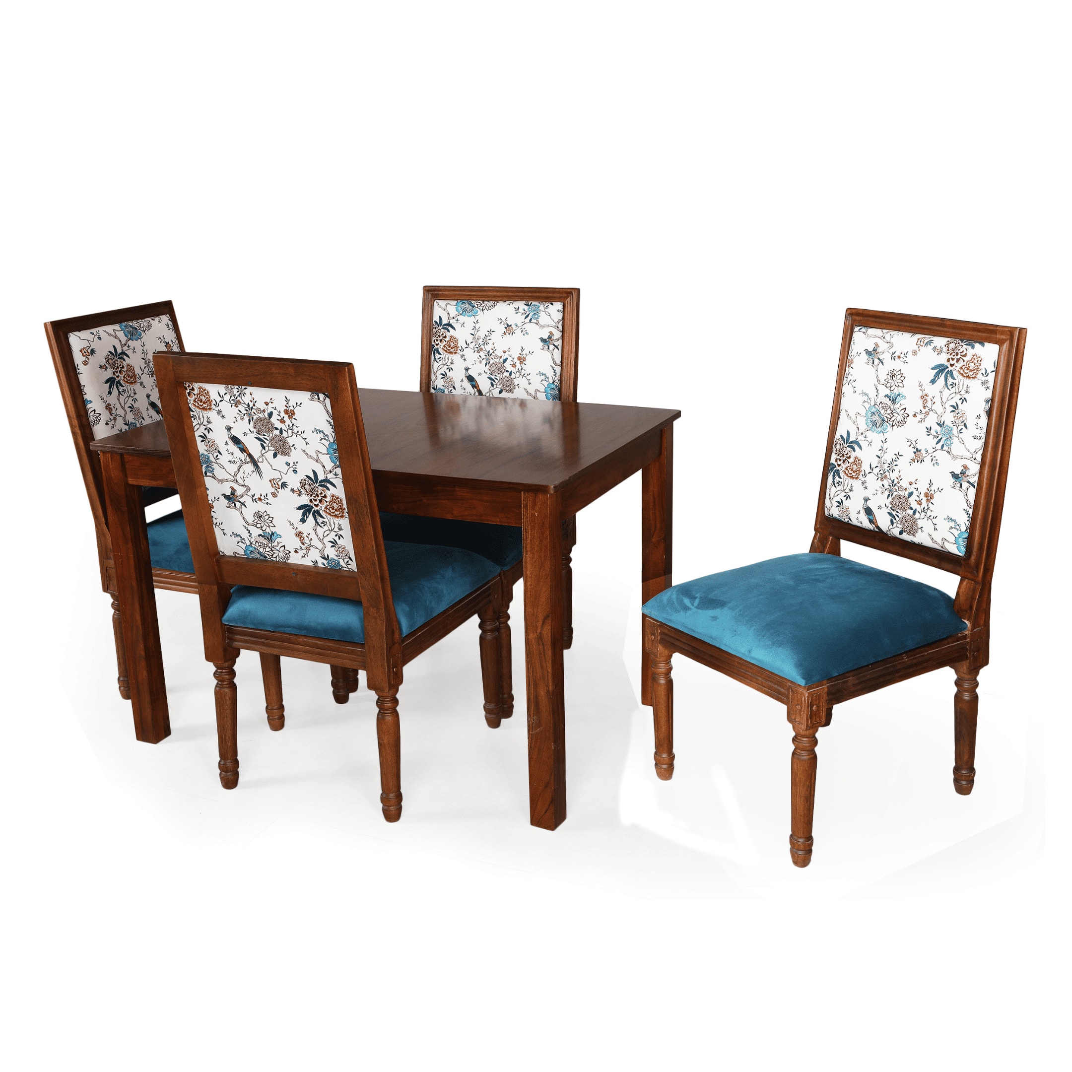 Globally Indian Sheesham Wood 4 Seater Dining Table Set With 4 Solid Wood Upholstered Chairs –  In Blue Color
