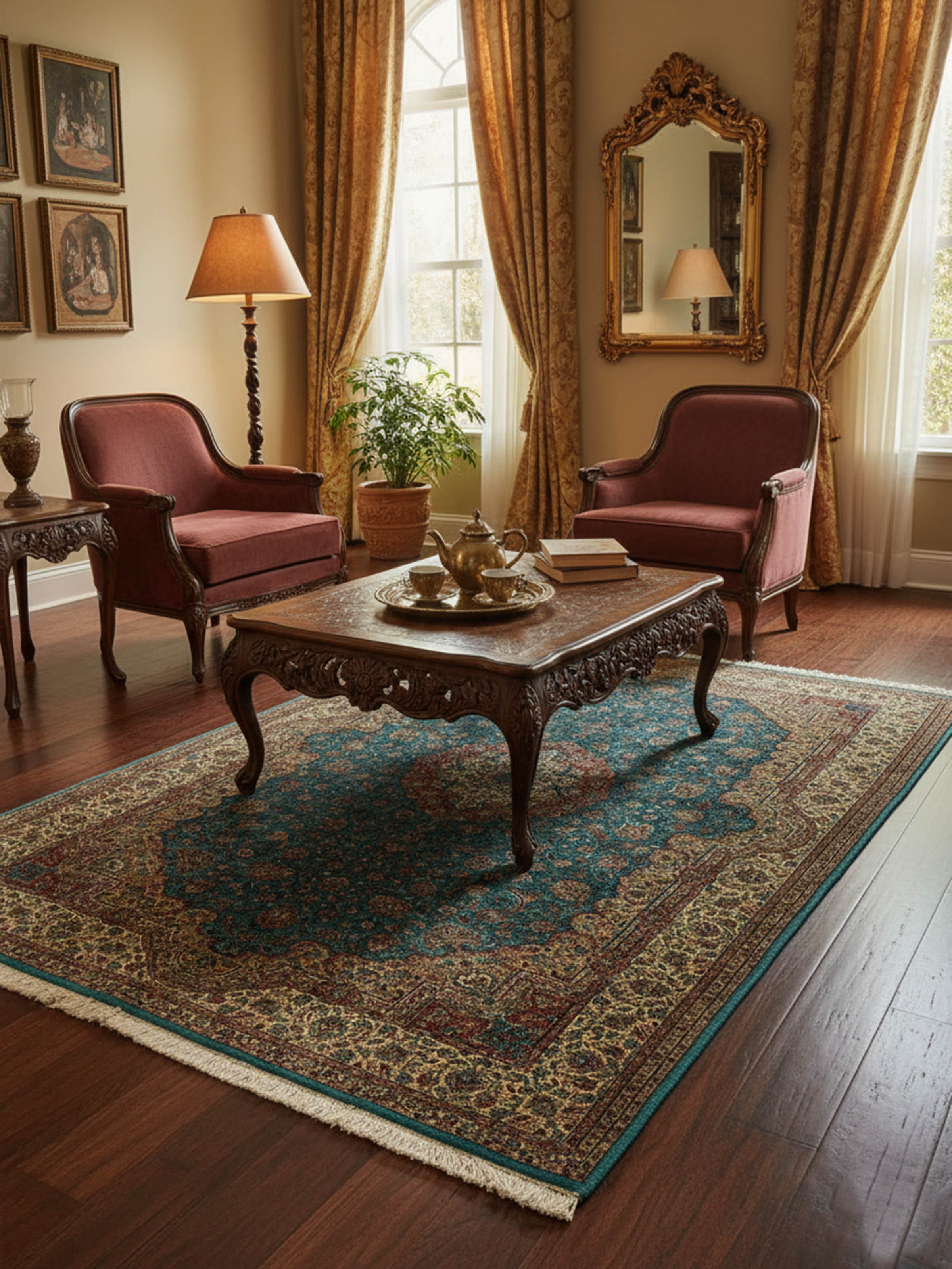 Traditional Persian Blue Tabriz Kashmir Silk Hand-knotted Rug