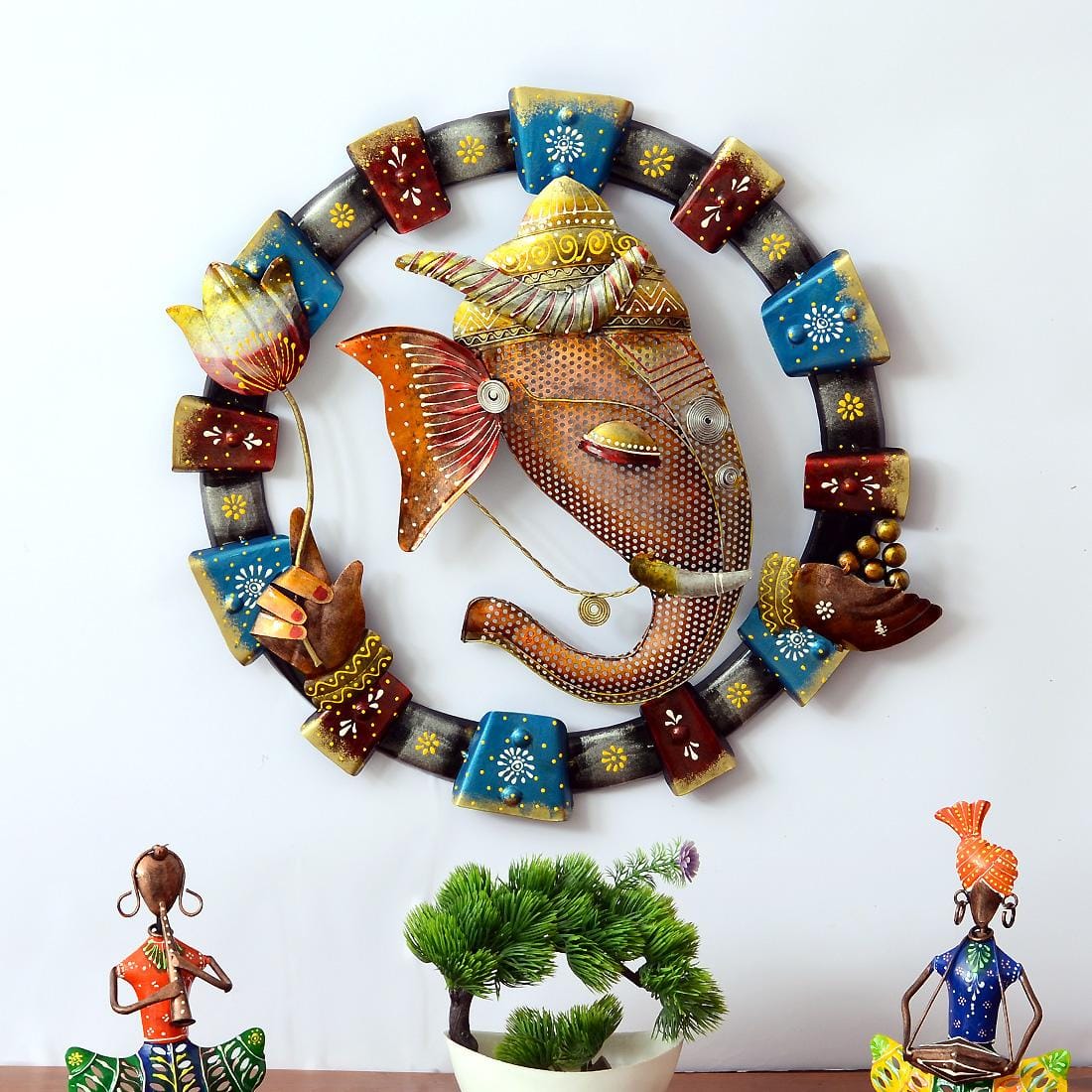 Desert Art Metal Handpainted Laddu Ganesha Wall Hanging 18 x 18 Inch - Desert Art