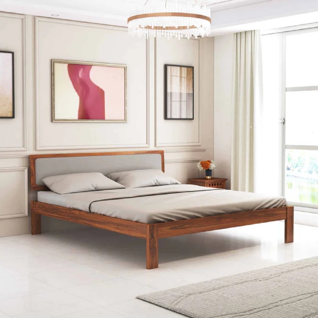 Gravon Non Storage Solid Wood Bed King Size in Natural Finish - Demiwall