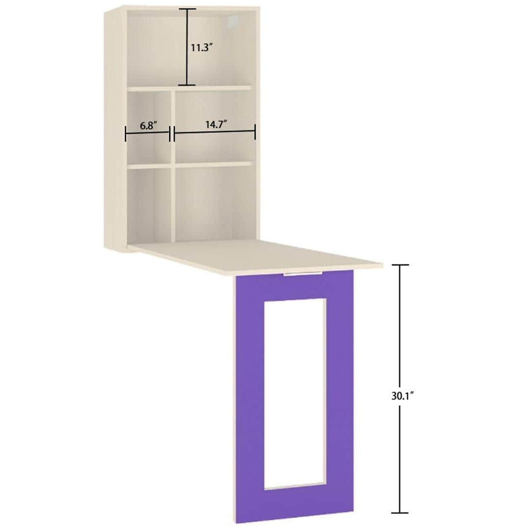 Calypso Kids Wall Mounted Folding Study Desk and Built In Bookshelf in Light Wood Lavender Purple Colour