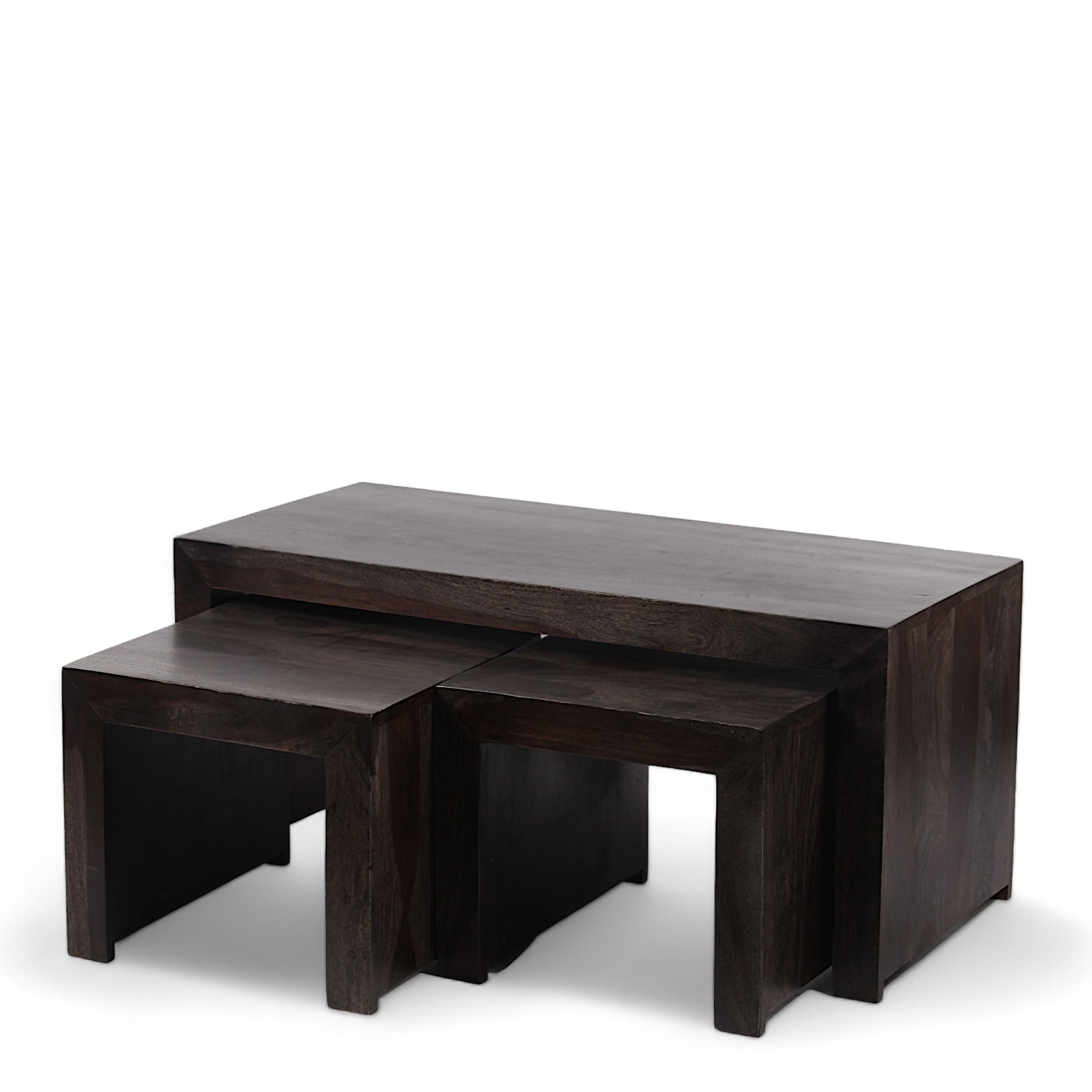 Kassel Sheesham Wood Coffee Table With 2 Stools Set In Mahogany Finish