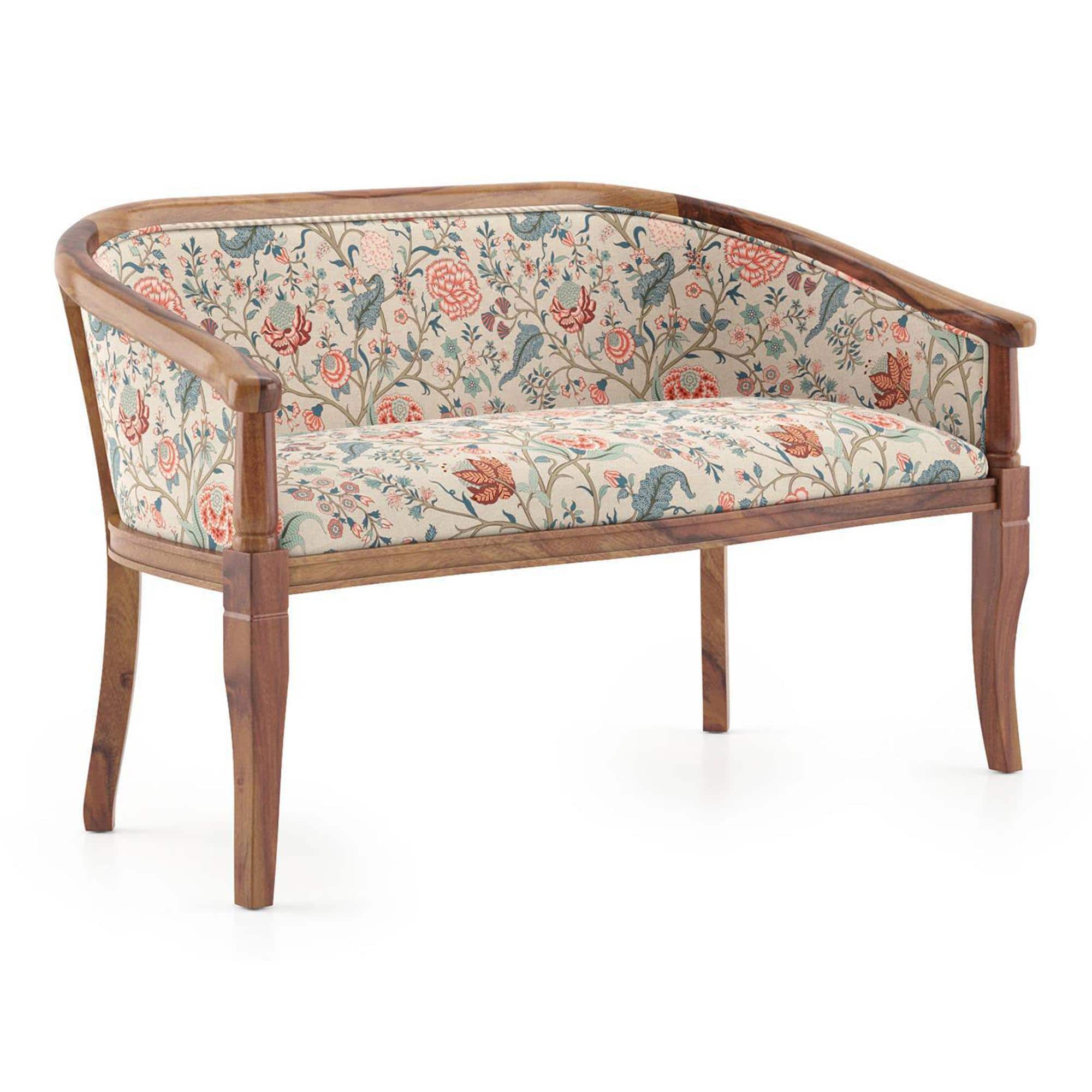 Florence Loveseat 2 Seater In Teak Finish With Calico Floral Retreat Fabric Colour