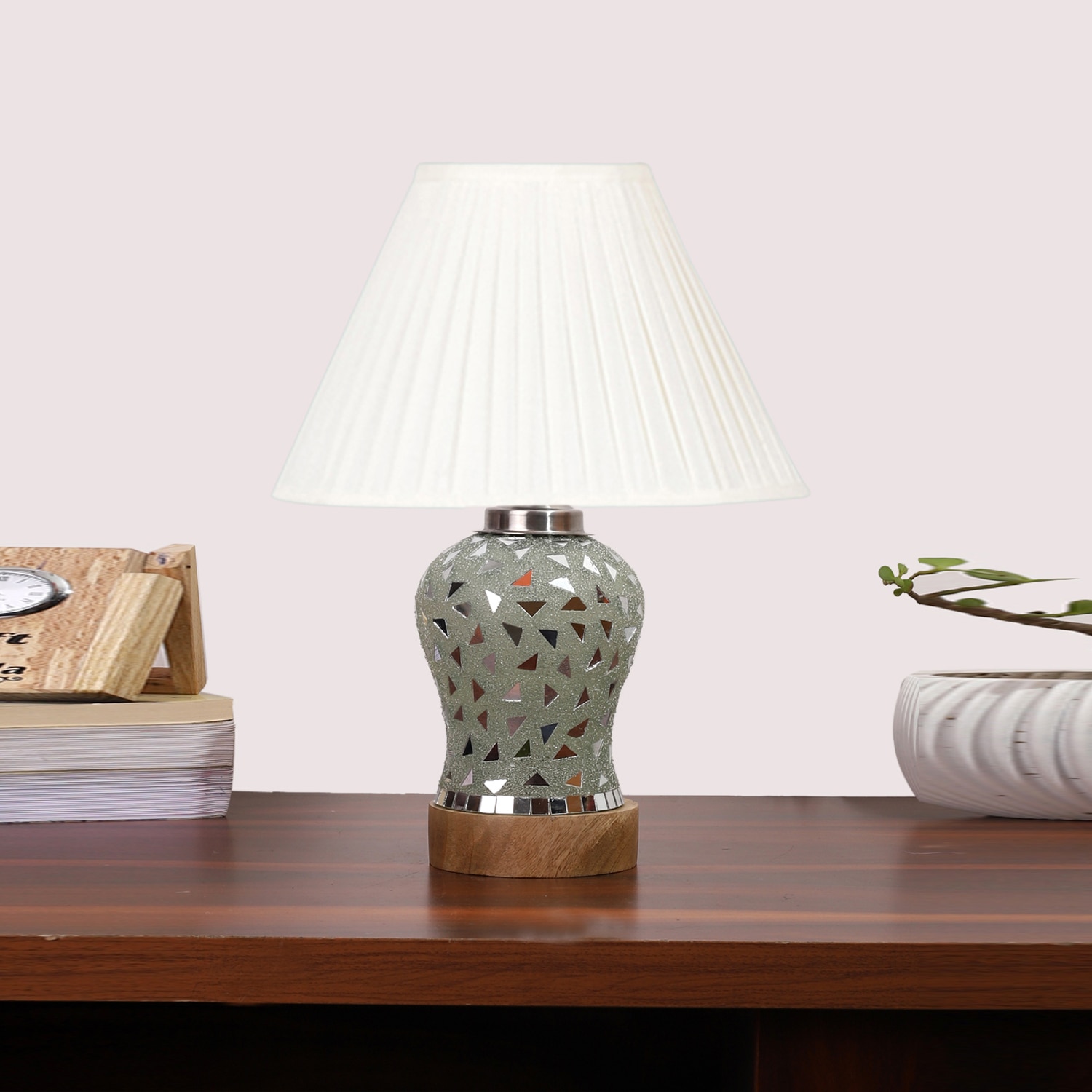 Devansh Off-White Cotton Straight Pleated Shade Lamp With Wood & Mosaic Glass Base For Decoration/Office/Home/Gifting/Study For Decoration/Office/Home/Gifting/Study - Devansh