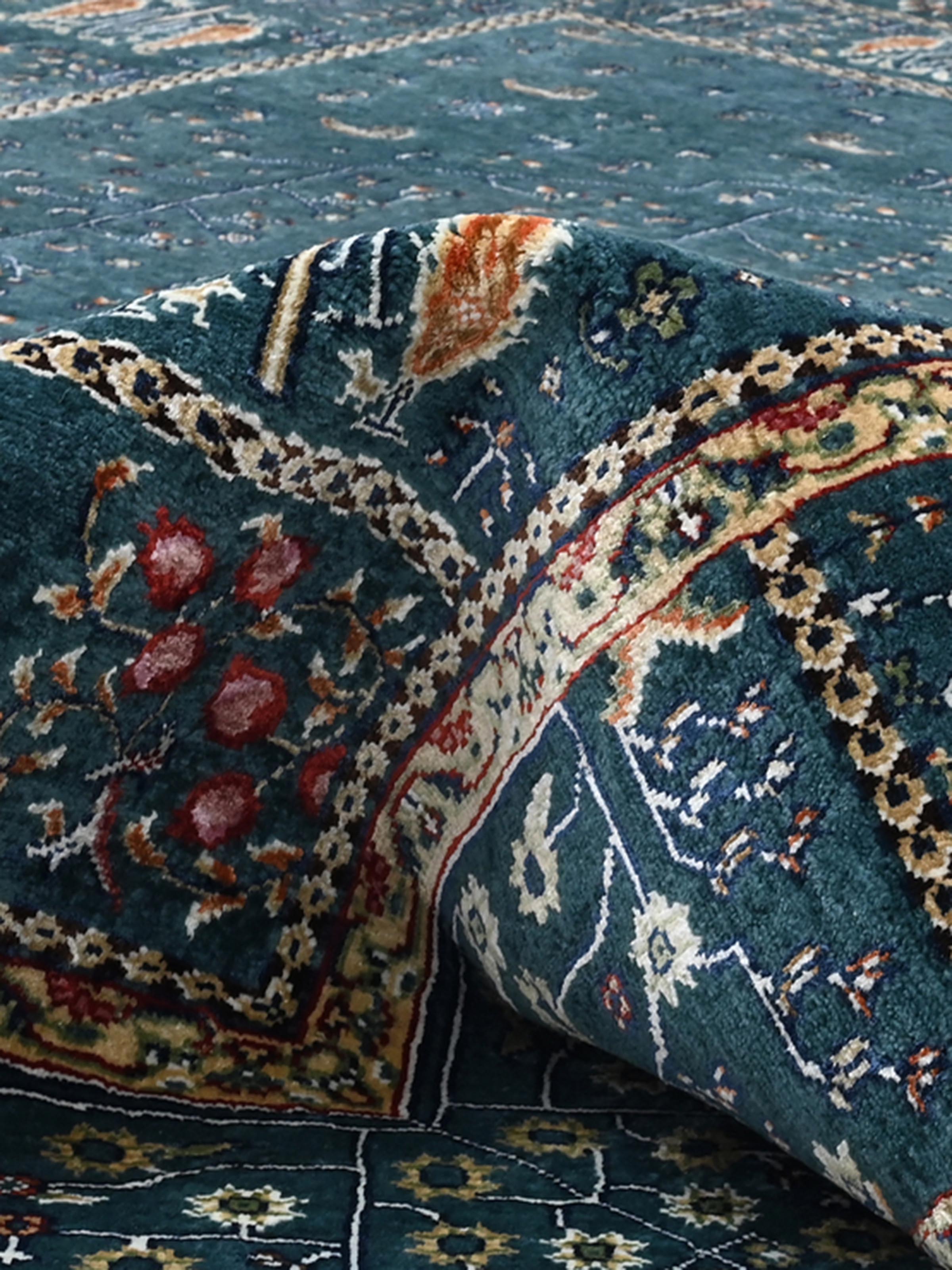 Traditional Persian Blue Rust Tree of Life Bhadohi Wool & Bamboo Silk Hand Knotted Rug