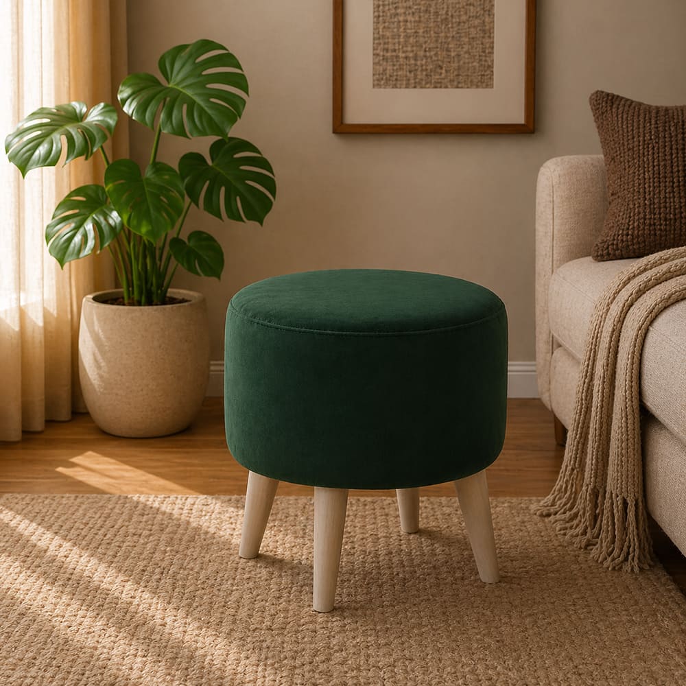 Doe Buck Parker Velvet Round Ottoman Stool in Green Colour with Wooden Legs - Doe Buck