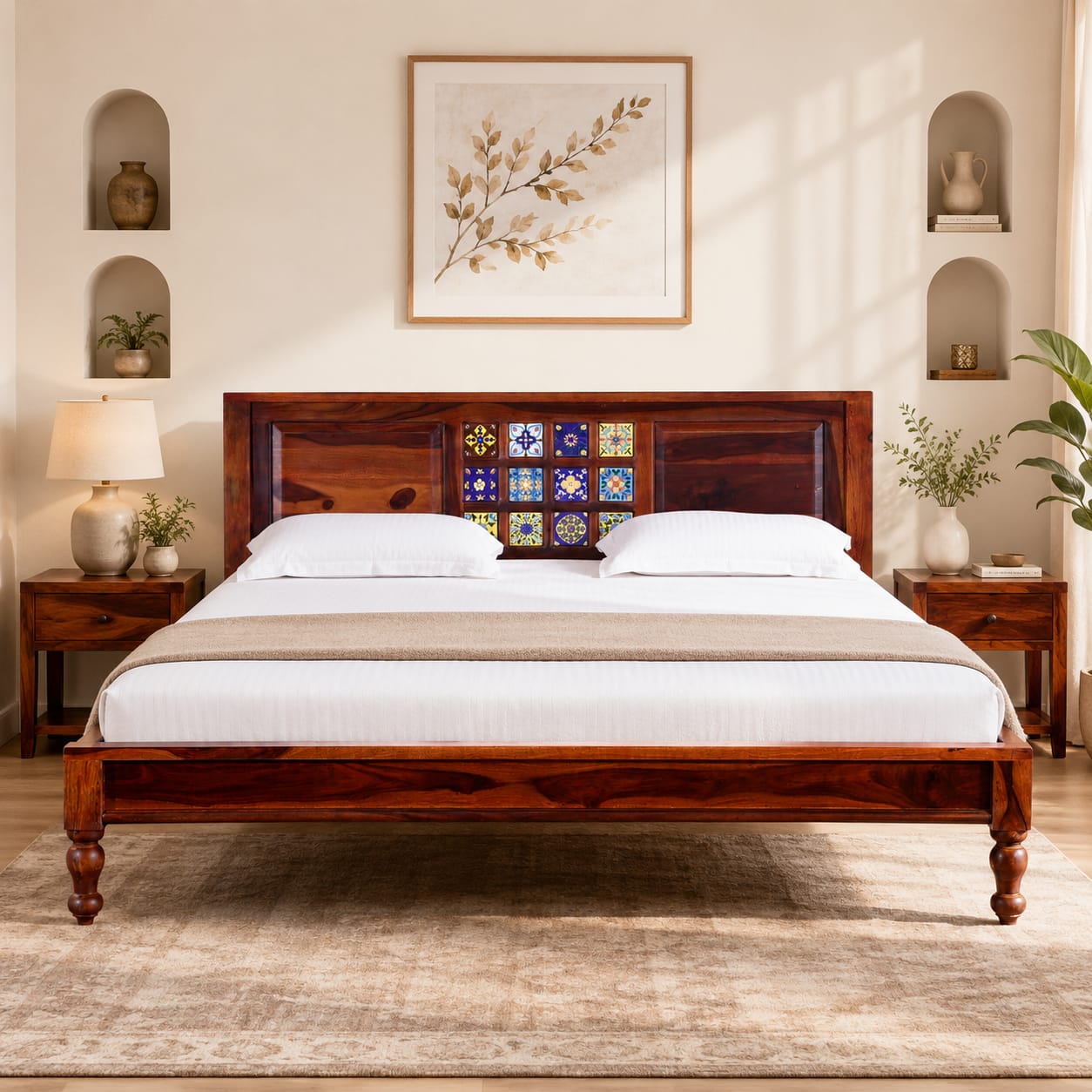 Rangrez Sheesham Wood Queen Size Non Storage Bed in Honey Oak Finish - Woodenmood
