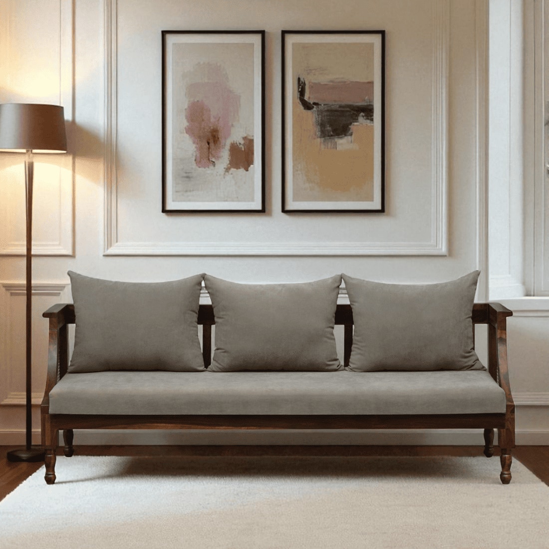 Colen 3 Seater Seater Wooden Sofa in Grey Fabric