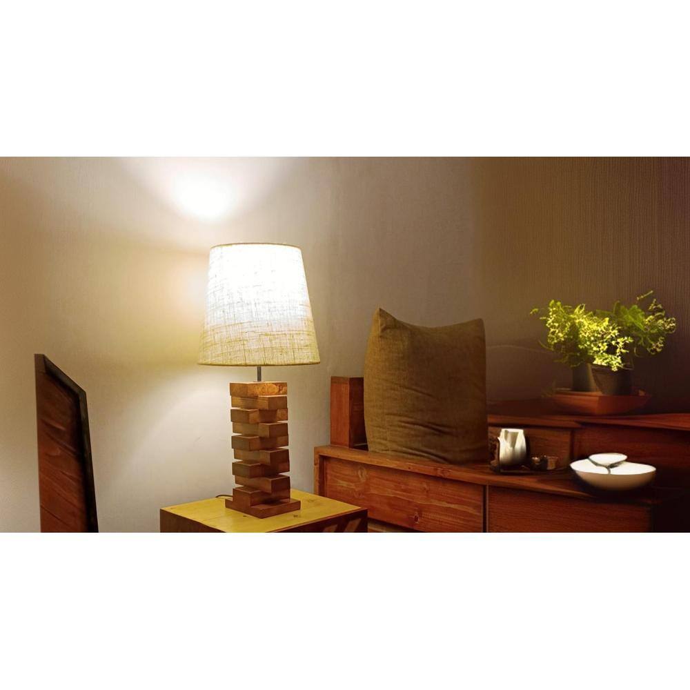 Libra Brown Wooden Table Lamp with White Fabric Lampshade