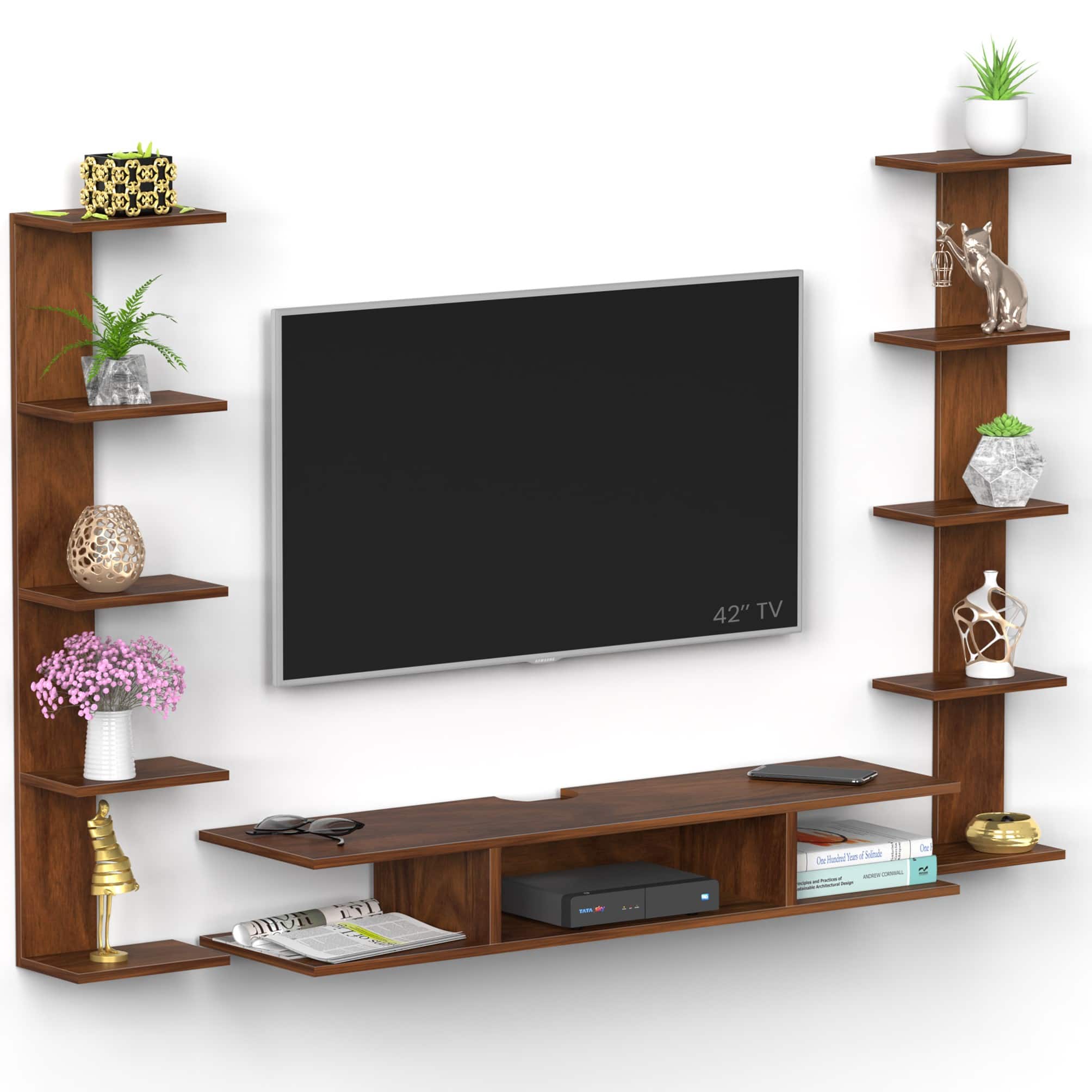 BLUEWUD Estoye Standard Engineering Wood Wall Mount TV Entertainment Unit Set Top Box Stand/TV Cabinet Panel with Shelves for Books & D�cor Display Unit, Ideal for 50� (Brown Maple)