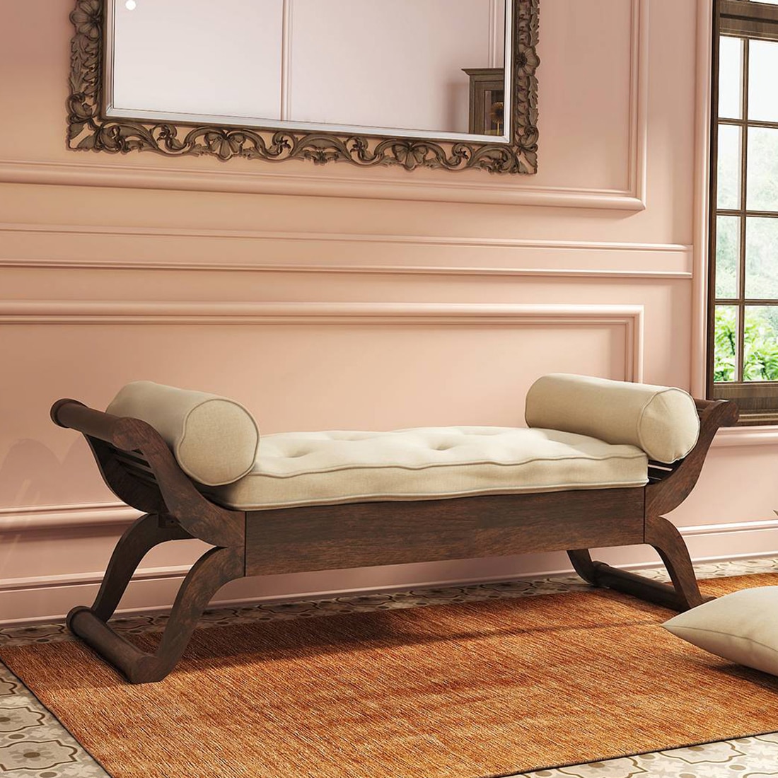 Saachi Solid Wood Diwan in Mango Walnut Finish with Light Brown Colour Fabric