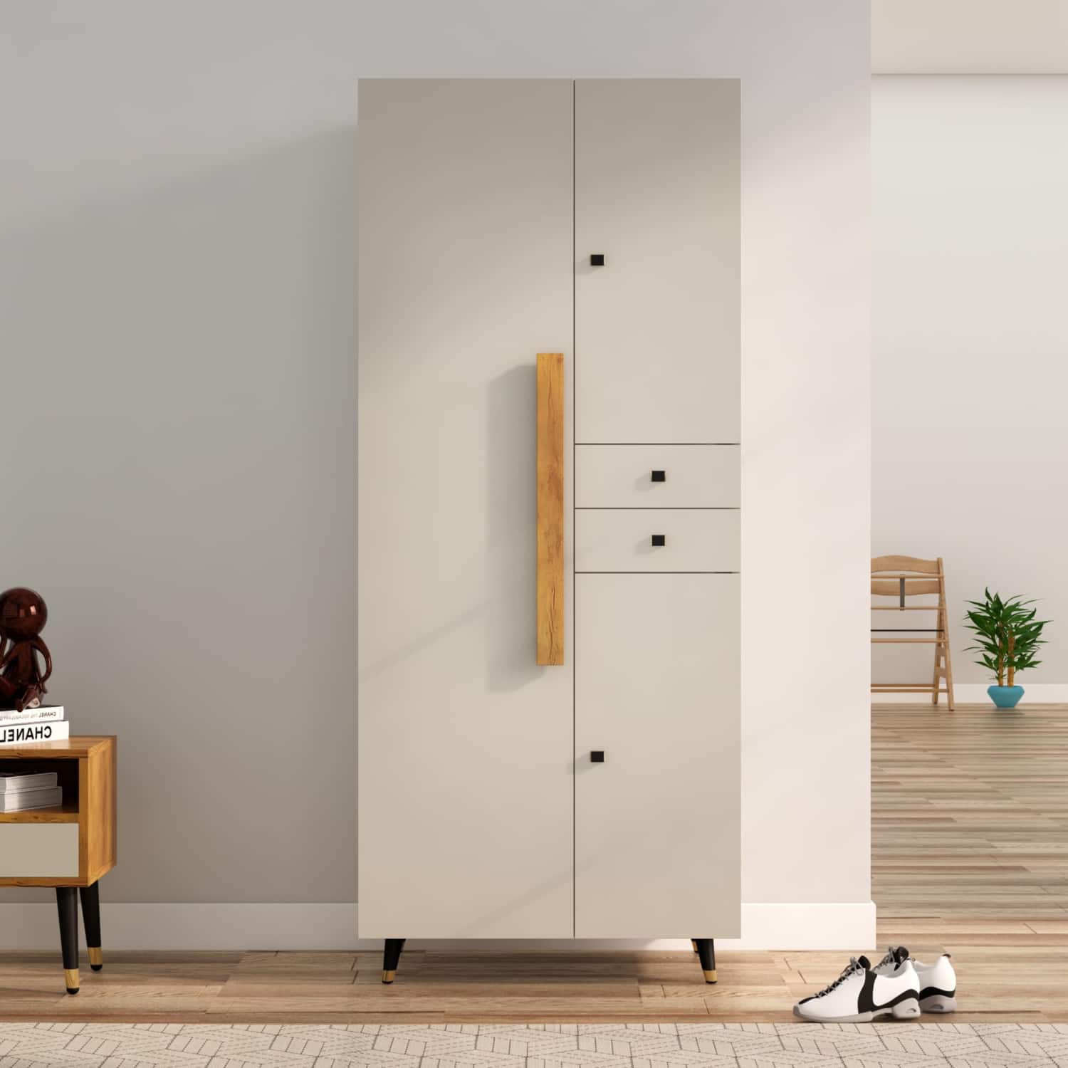 Hexa Red Wooden 2 Door Wardrobe with Drawer and Hanging Space in Frosty White Colour - HexaRed