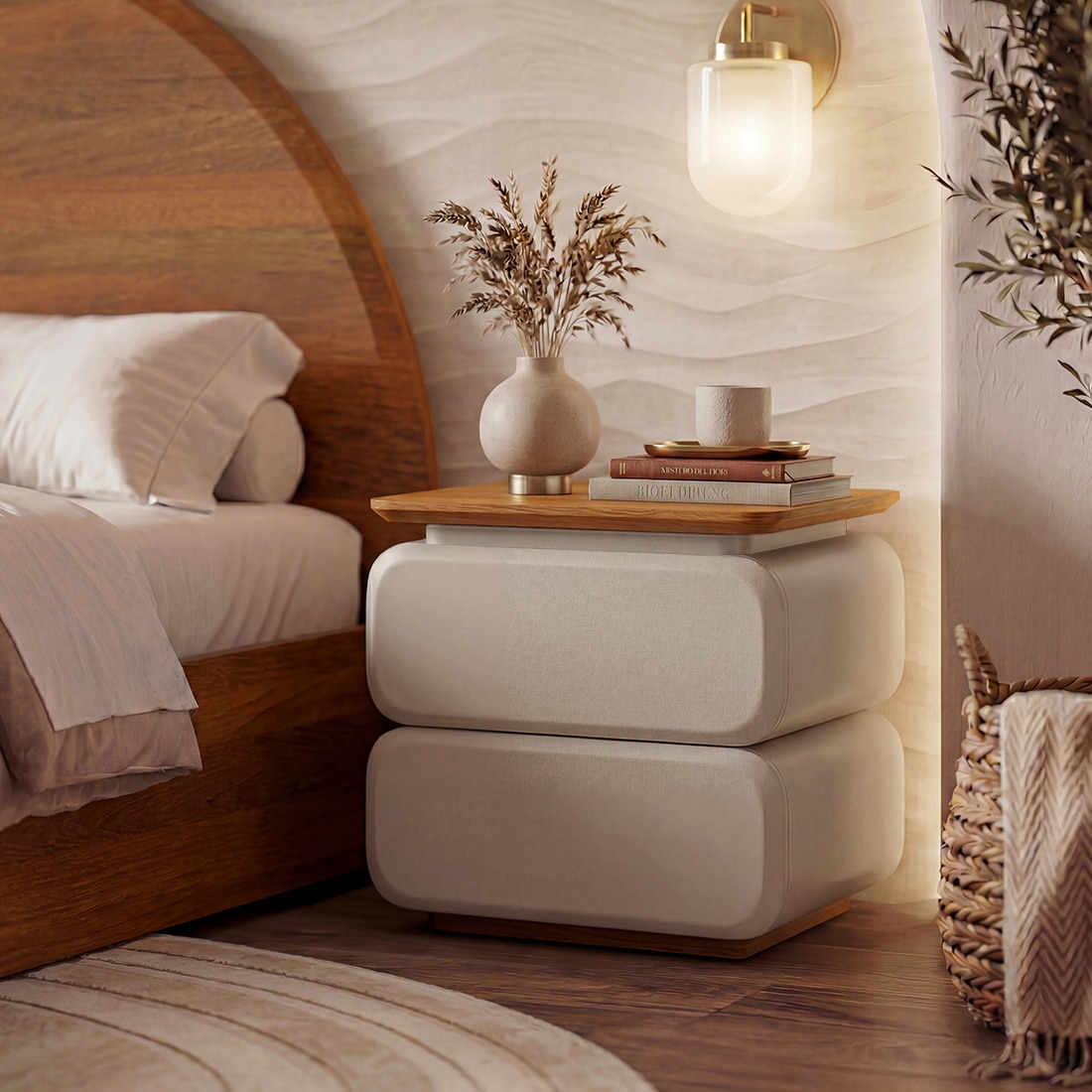 Sora Solid Wood Bedside Table In Beige with Amber Walnut Finish