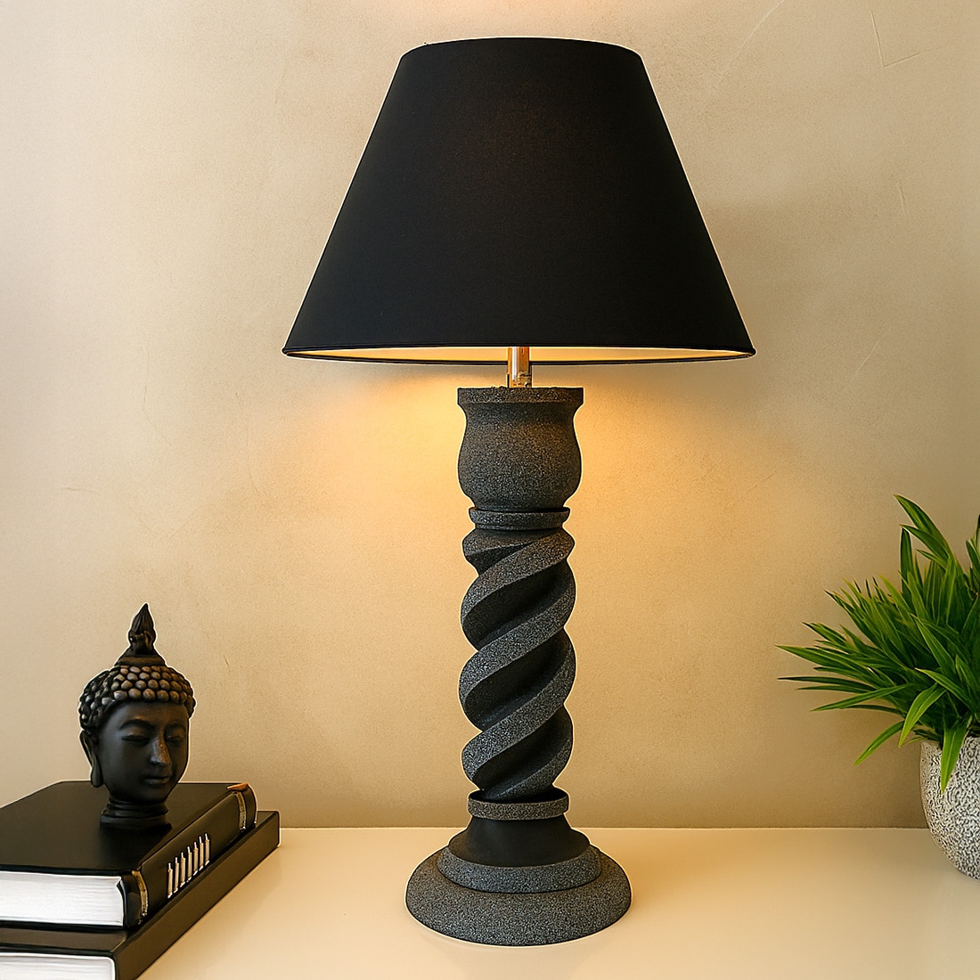 Grey Stone Finish Handpainted And Hancarved Distress Wooden Table Lamp