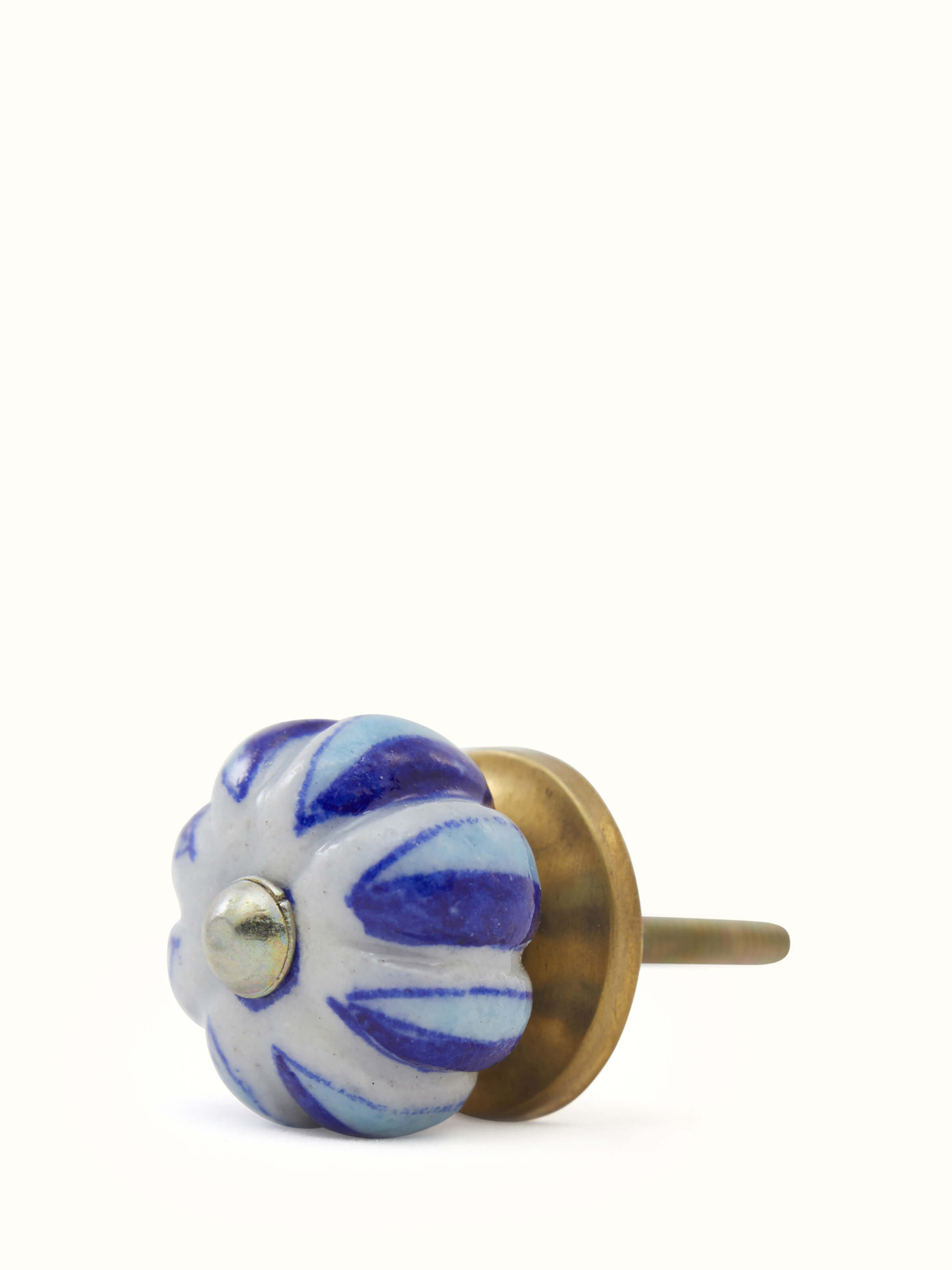 Angled view of Blue Pottery Round Rib Door Knob Set