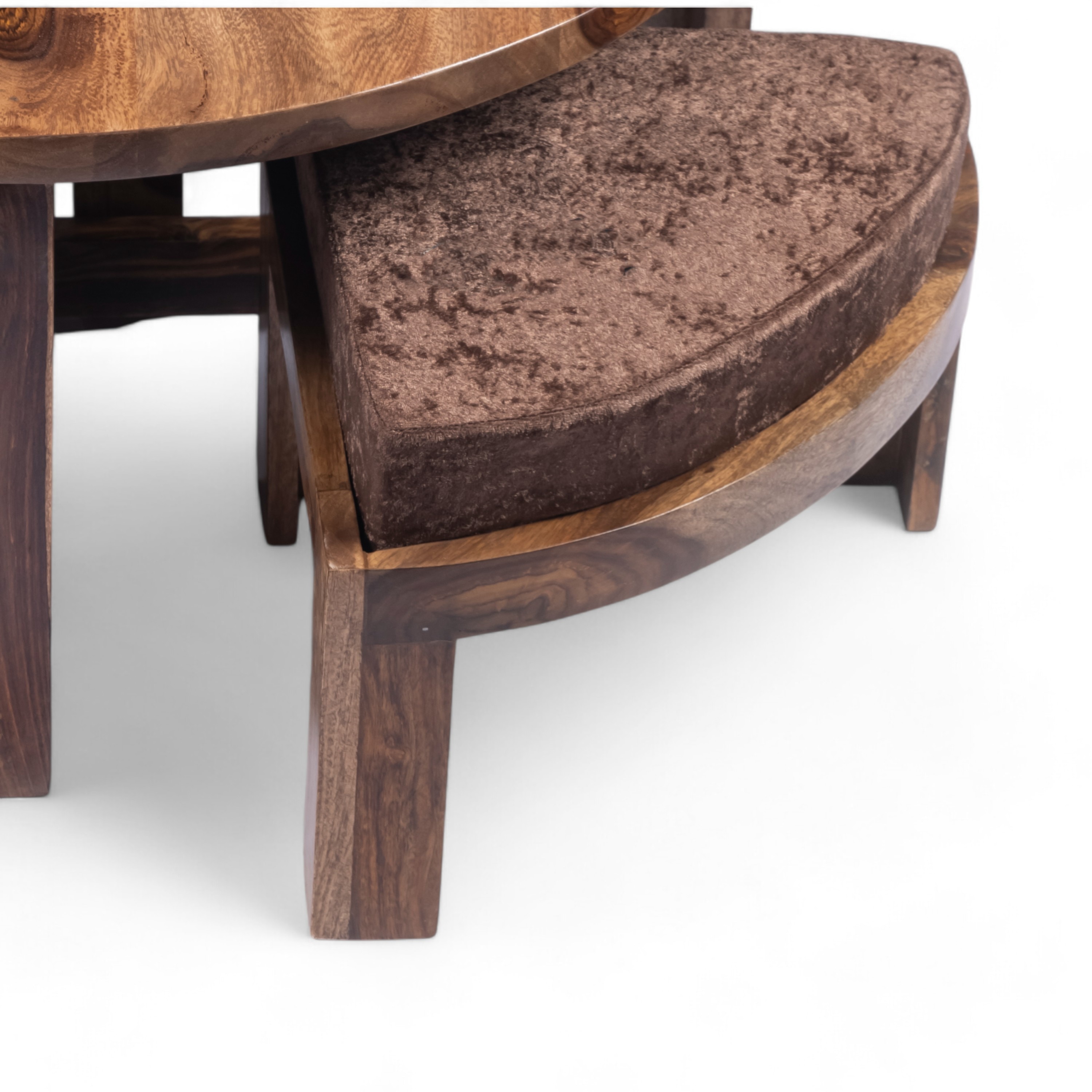 Nashville Sheesham Wood 4 Seater Coffee Table Set In Teak Finish Brown Sparkle Velvet Cushion