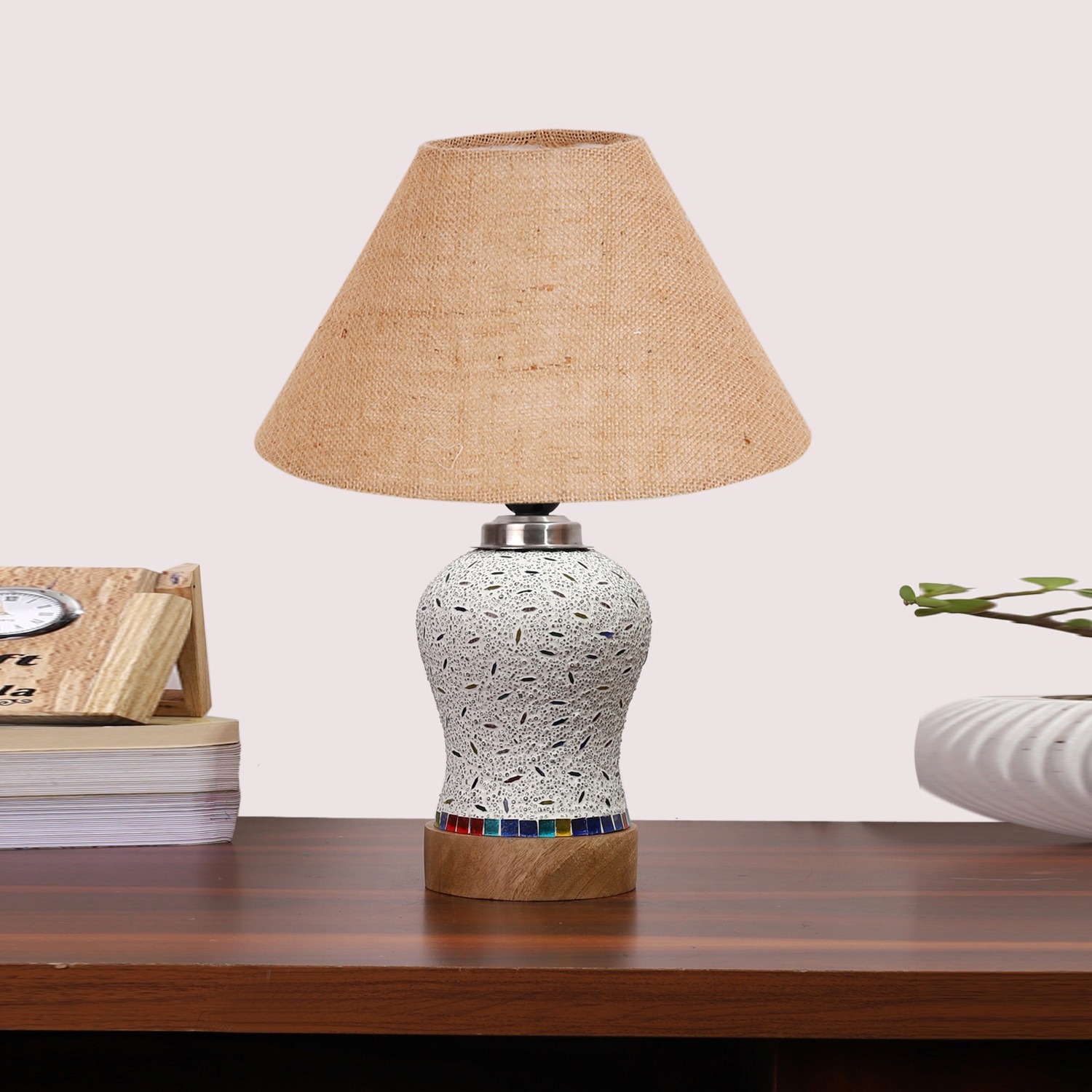 Devansh Conical Beige Jute Shade Lamp With Wood & Mosaic Glass Base For Decoration/Office/Home/Gifting/Study For Decoration/Office/Home/Gifting/Study -(10X10X14.5) Inches -A