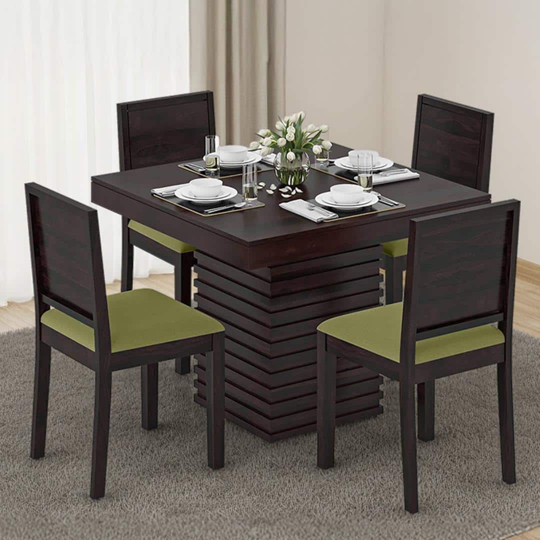 Julian 4 Seater Dining Table With Set Of 4 Oribi Upholstered Dining Chairs (Colour- Avocado Green, Finish- Mahogany)