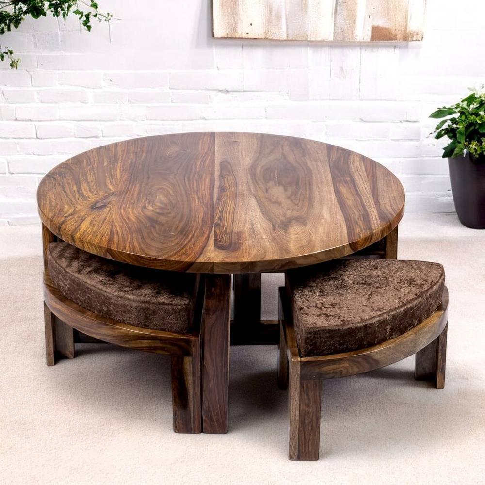 Nashville Sheesham Wood 4 Seater Coffee Table Set In Teak Finish Brown Sparkle Velvet Cushion