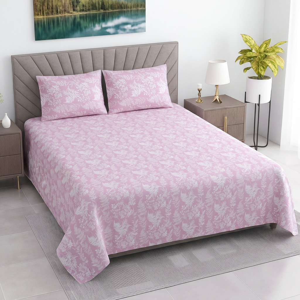 Pink Floral 400 Tc  Cotton Flat  Double Queen Size Bedsheet With 2  Pilllow Covers - Threads