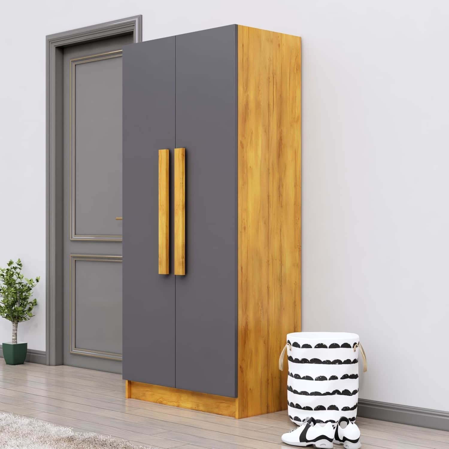 Hexa Red Wooden 2 Door Wardrobe with 4 Shelves in Giant Wood and Slate Grey Colour - HexaRed