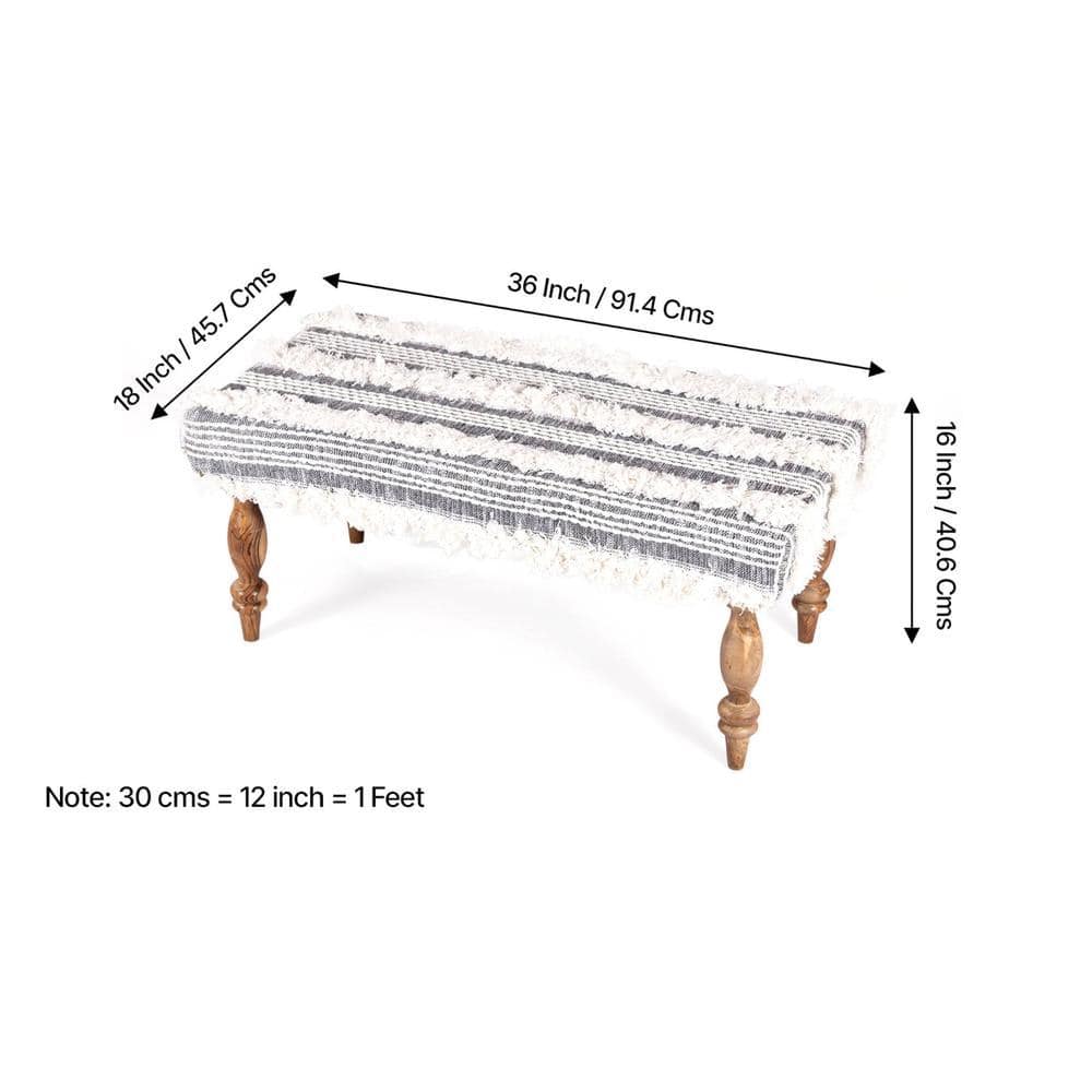 Bestone Sheesham Wood Mid Century Seater Bench Set  2 Stools In Grey Fabric