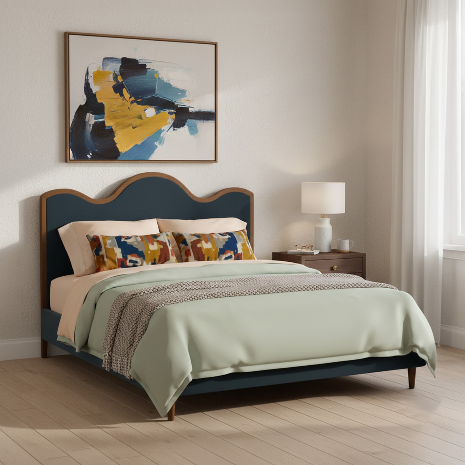 Solara Wave Luxe Queen Size Bed in velvet With Oak wood Frame & Hydraulic Storage - Nestroots