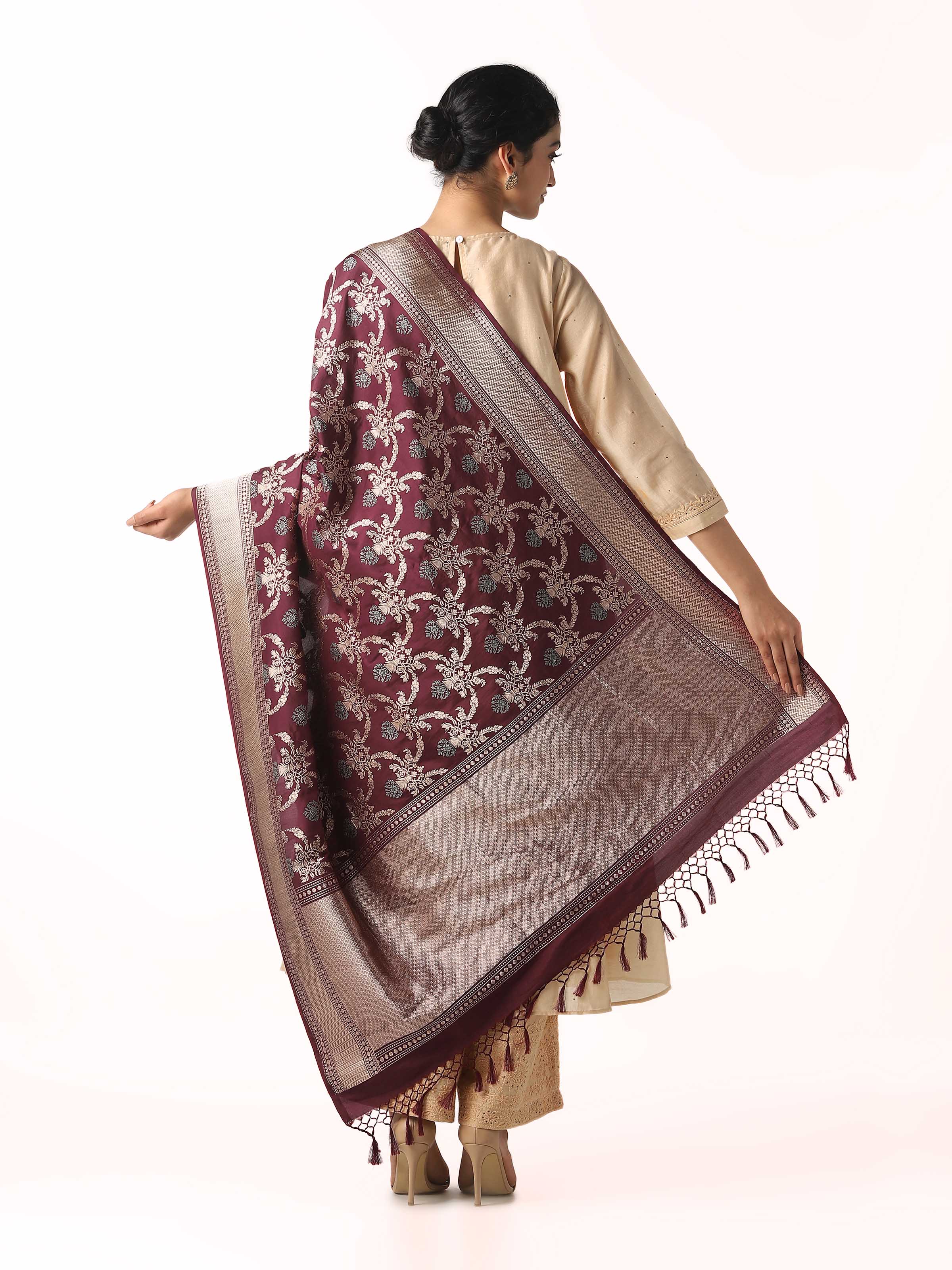 Back view of brown silk Banarasi dupatta showing full design layout