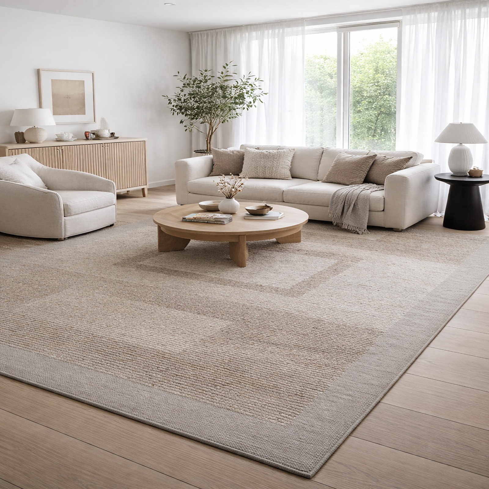Urban Frame Wool Rectangle Carpets Hand Knotted in Warm Beige Colour