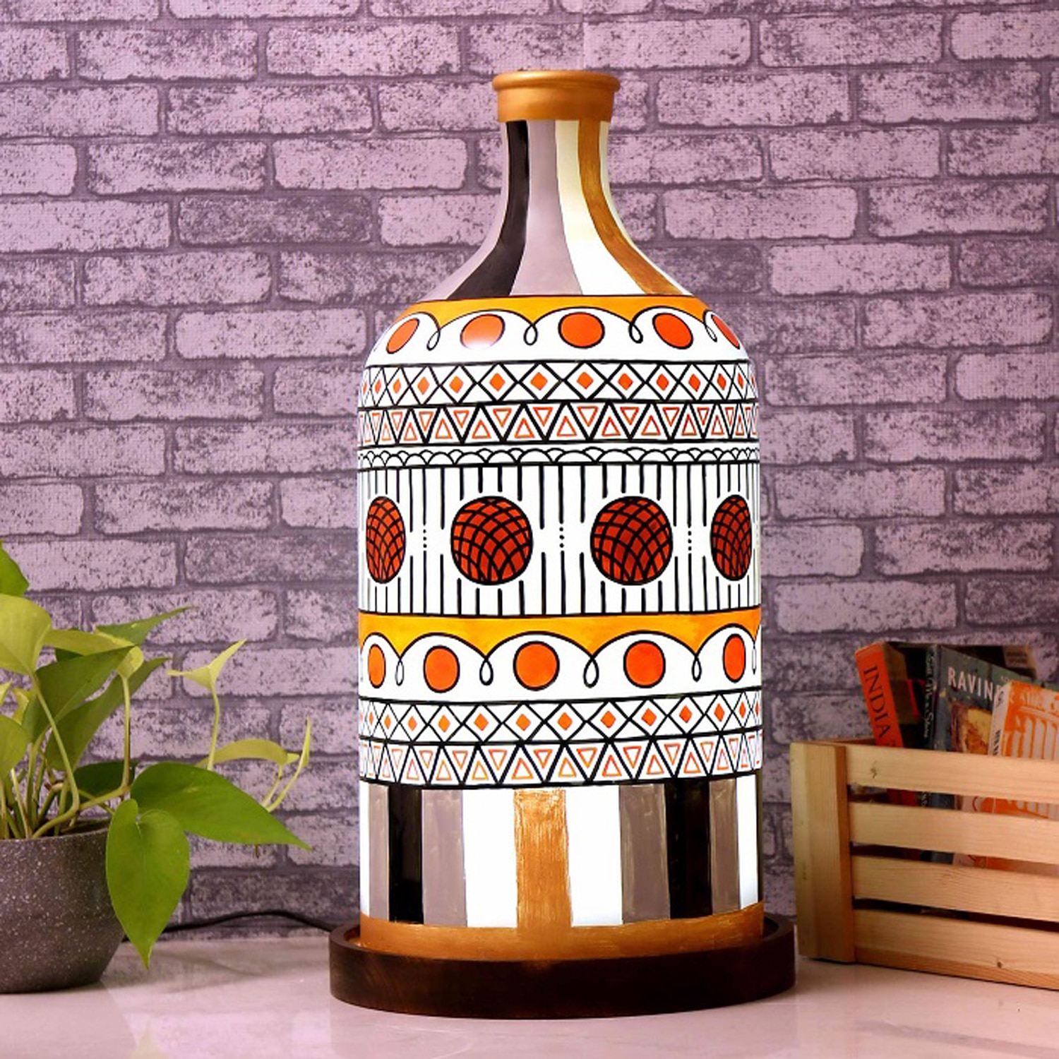 Stripe-it-out Hand Painted Glass Shade Table lamp with Wooden Base