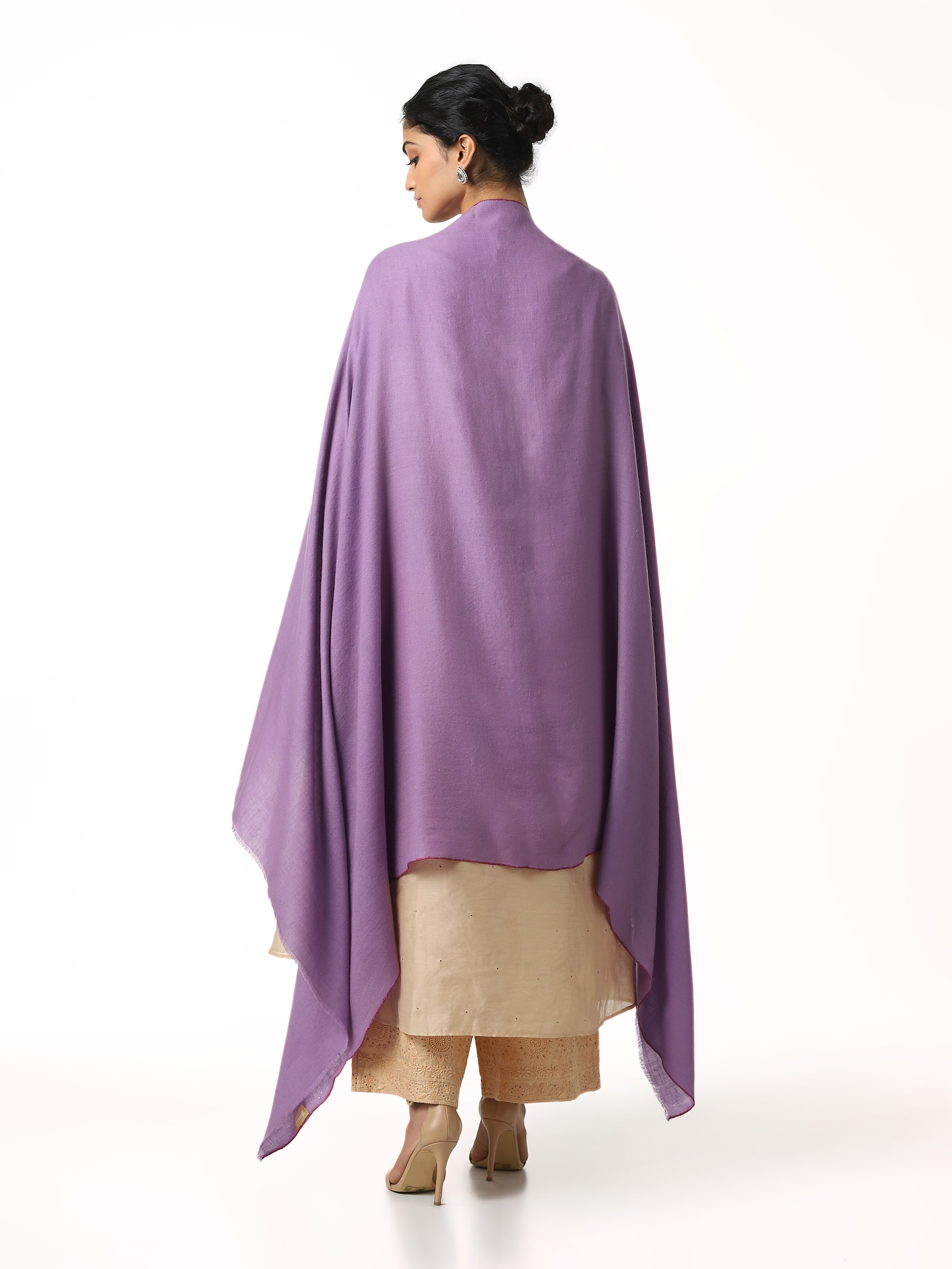 Back view of purple cashmere kaaj embroidered handwoven stole displaying full length and weave
