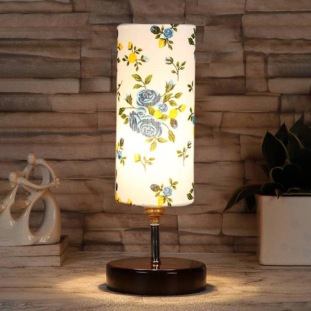 Kobe Multicolor cotton table lamp with brown wood base - Devansh